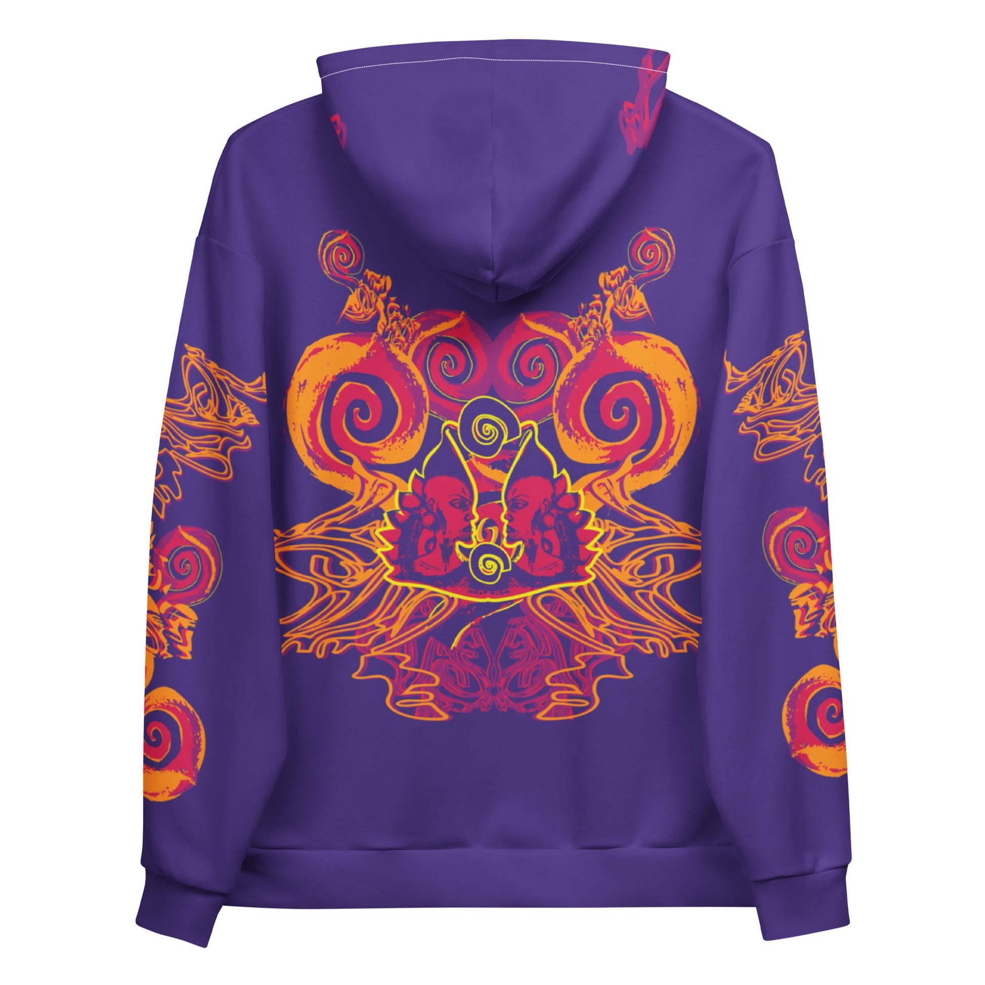 Back view of a vibrant purple hoodie with bold orange and red culturally inspired patterns, mirrored face design, and abstract swirls — expressive fashion from KLOE’s The Secret Chambers of I & I collection, on a model.