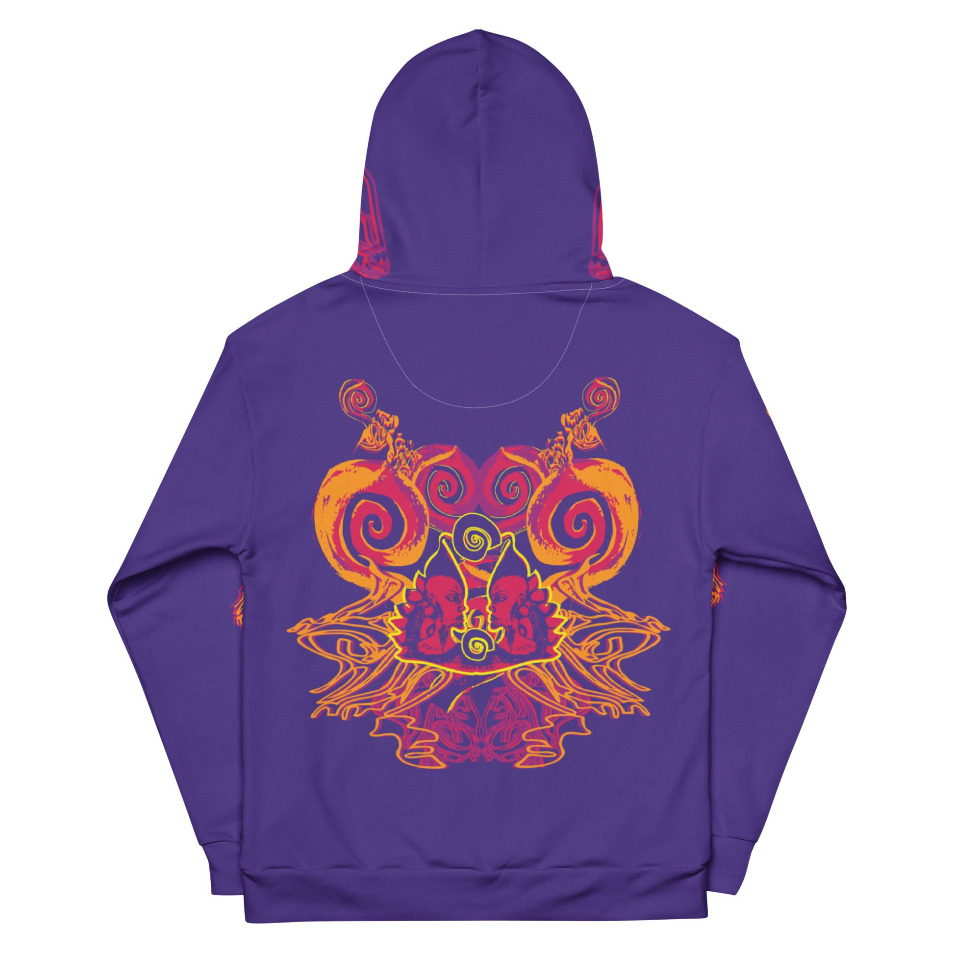 Back view of a vibrant purple hoodie with bold orange and red culturally inspired patterns, mirrored face design, and abstract swirls — expressive fashion from KLOE’s The Secret Chambers of I & I collection, on a model.