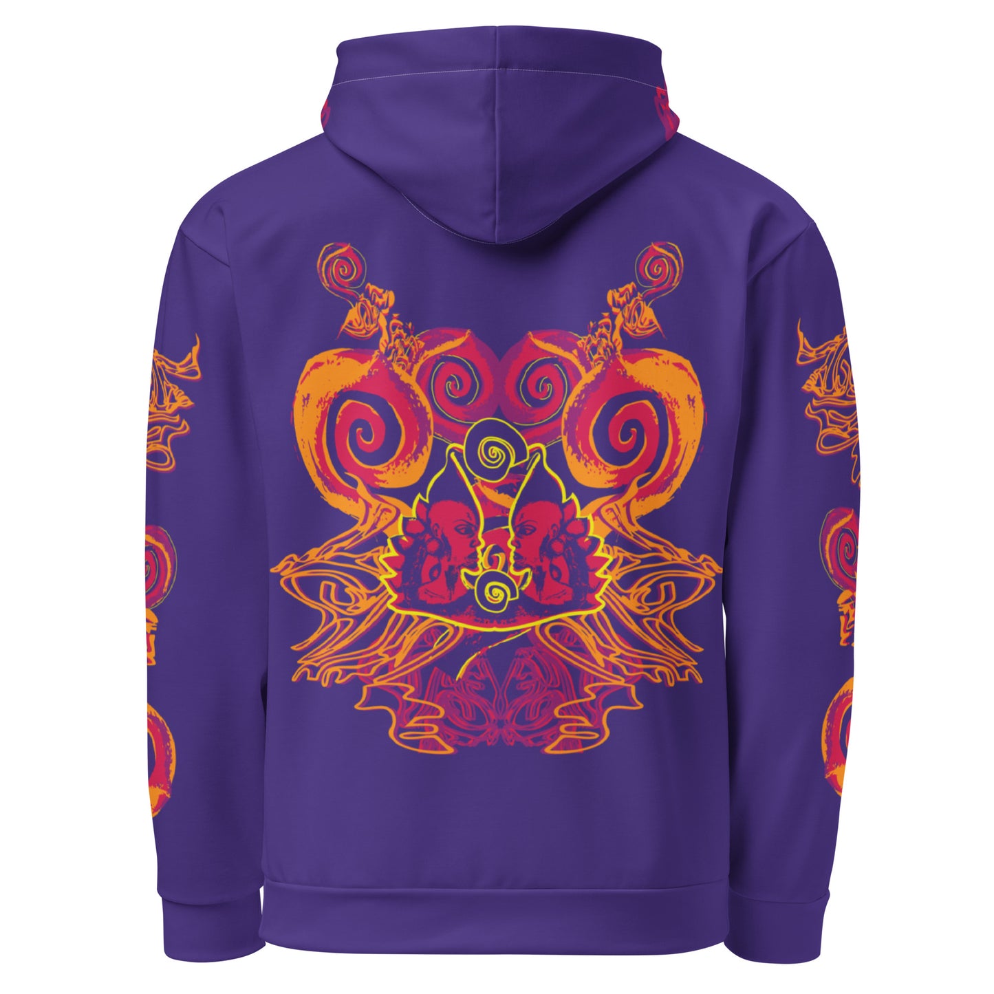 Back view of a vibrant purple hoodie with bold orange and red culturally inspired patterns, mirrored face design, and abstract swirls — expressive fashion from KLOE’s The Secret Chambers of I & I collection.