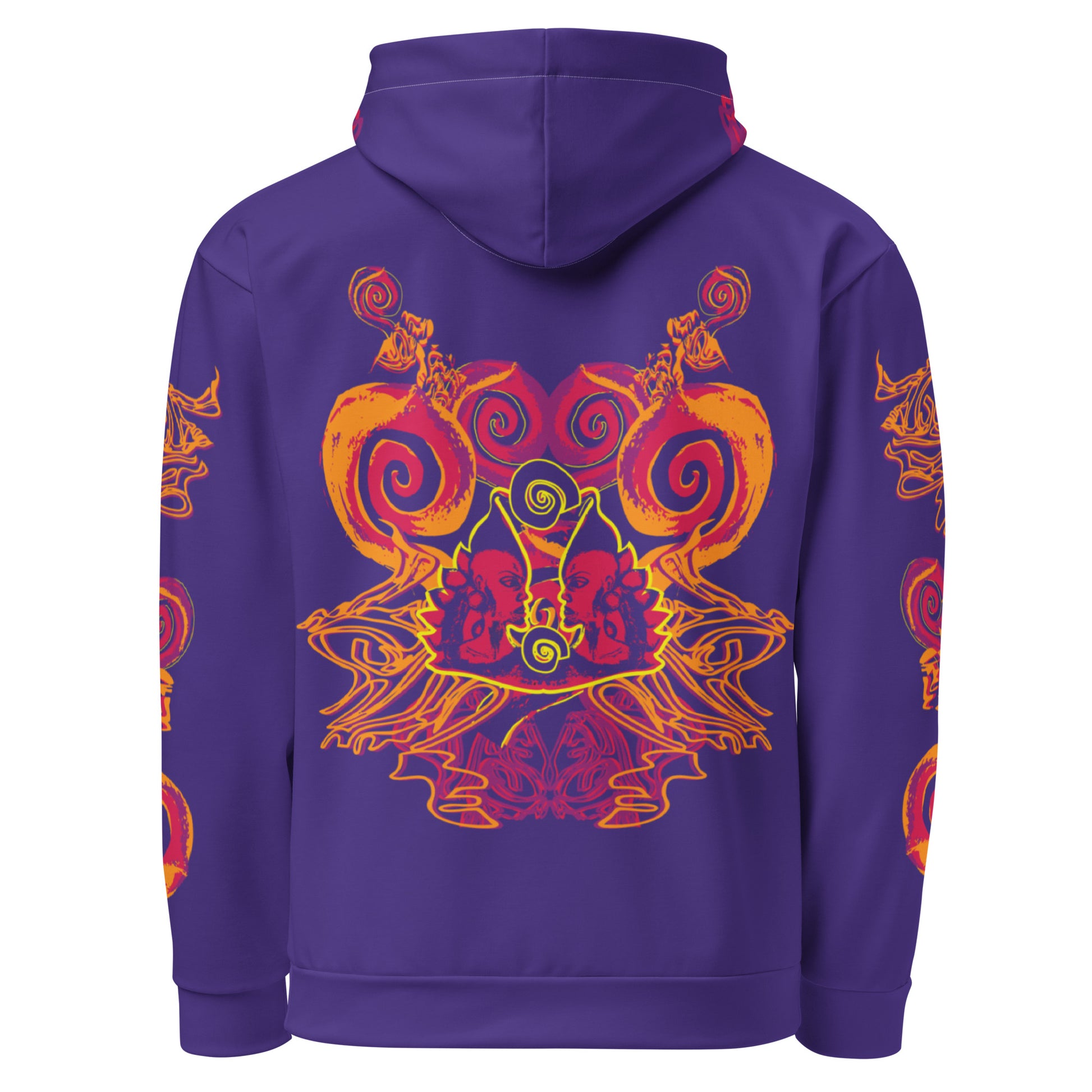 Back view of a vibrant purple hoodie with bold orange and red culturally inspired patterns, mirrored face design, and abstract swirls — expressive fashion from KLOE’s The Secret Chambers of I & I collection.