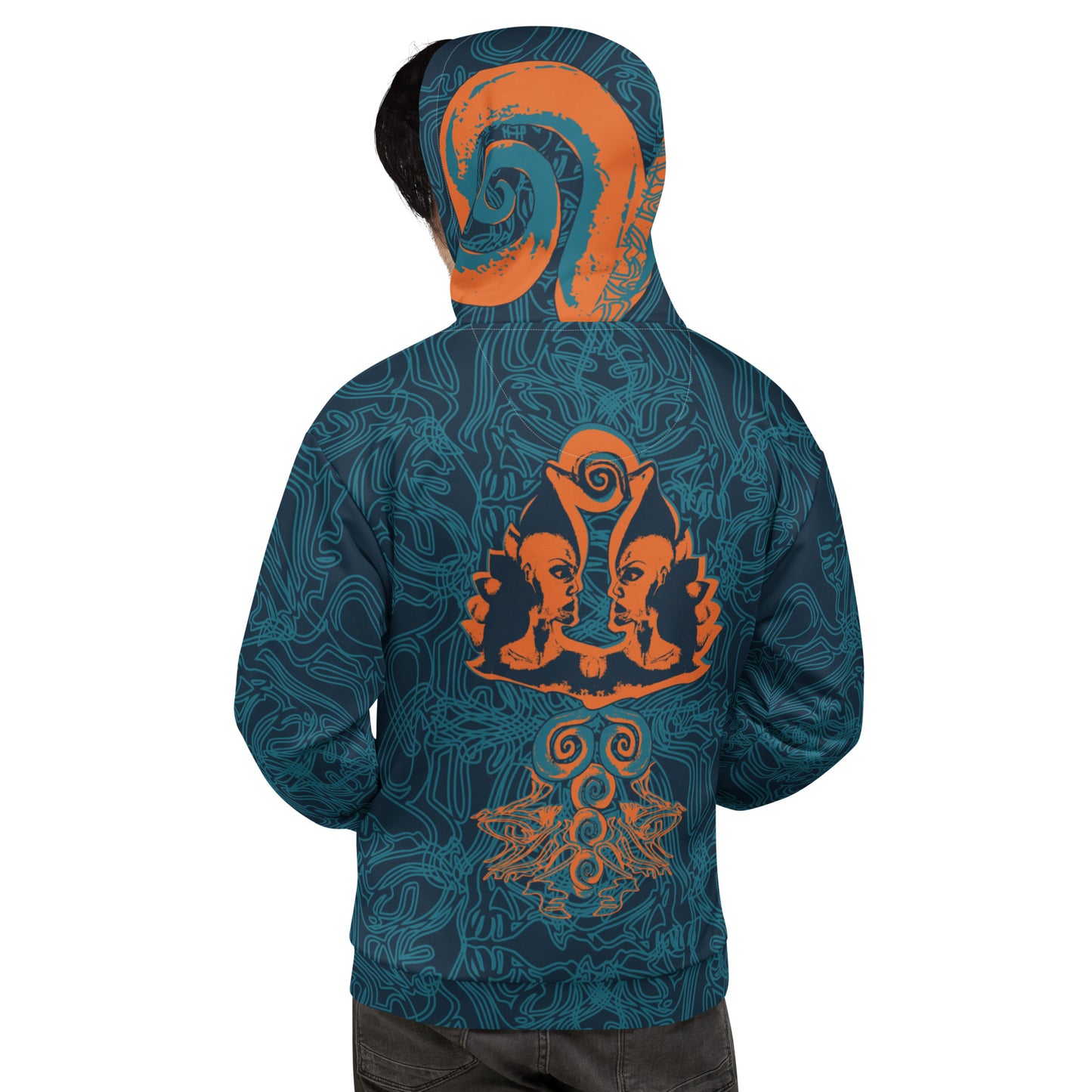 Back view of a navy blue hoodie featuring intricate cyan patterns and bold orange mirrored faces, with a tribal-inspired design on the hood.