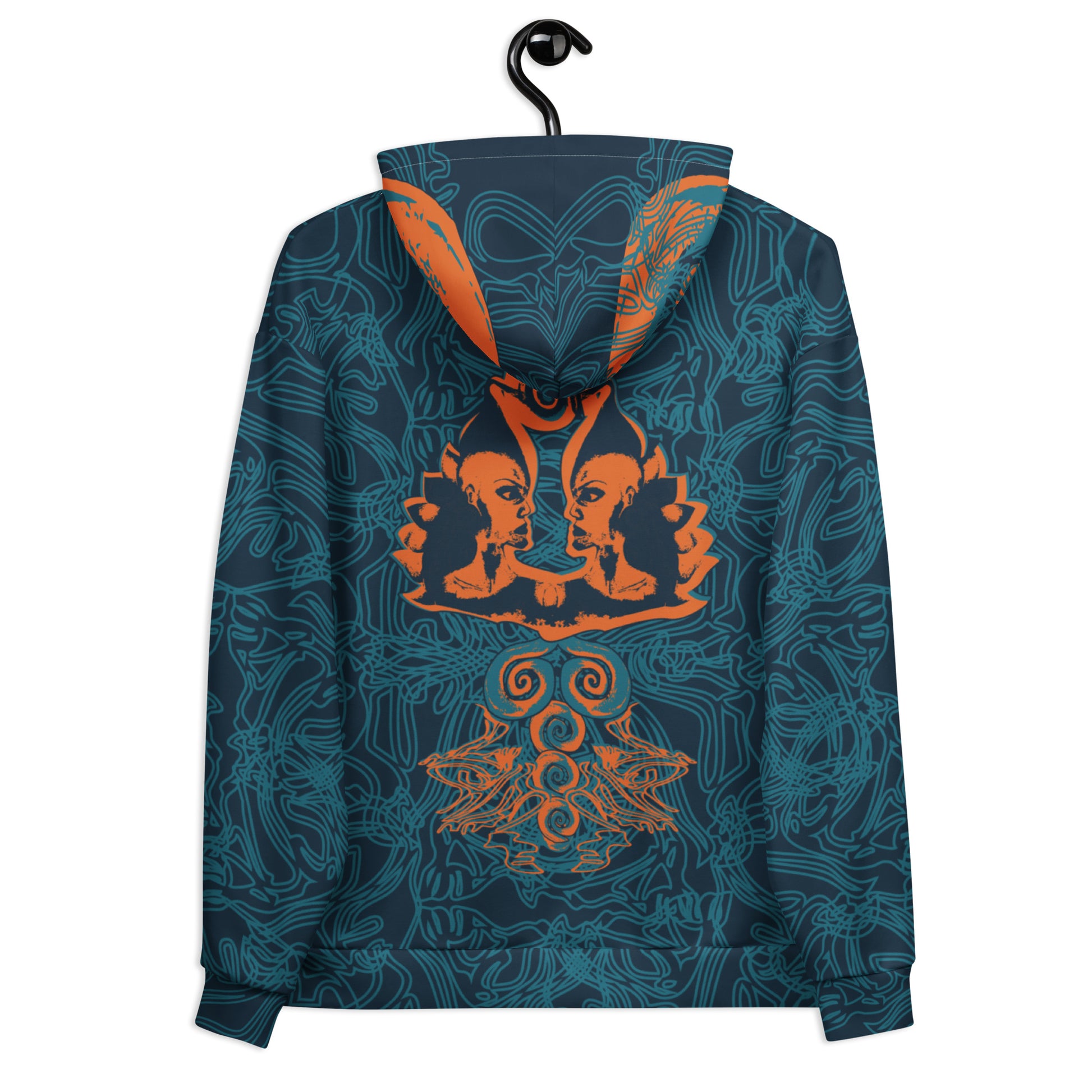 Back view of a navy blue hoodie featuring intricate cyan patterns and bold orange mirrored faces, with a tribal-inspired design on the hood.