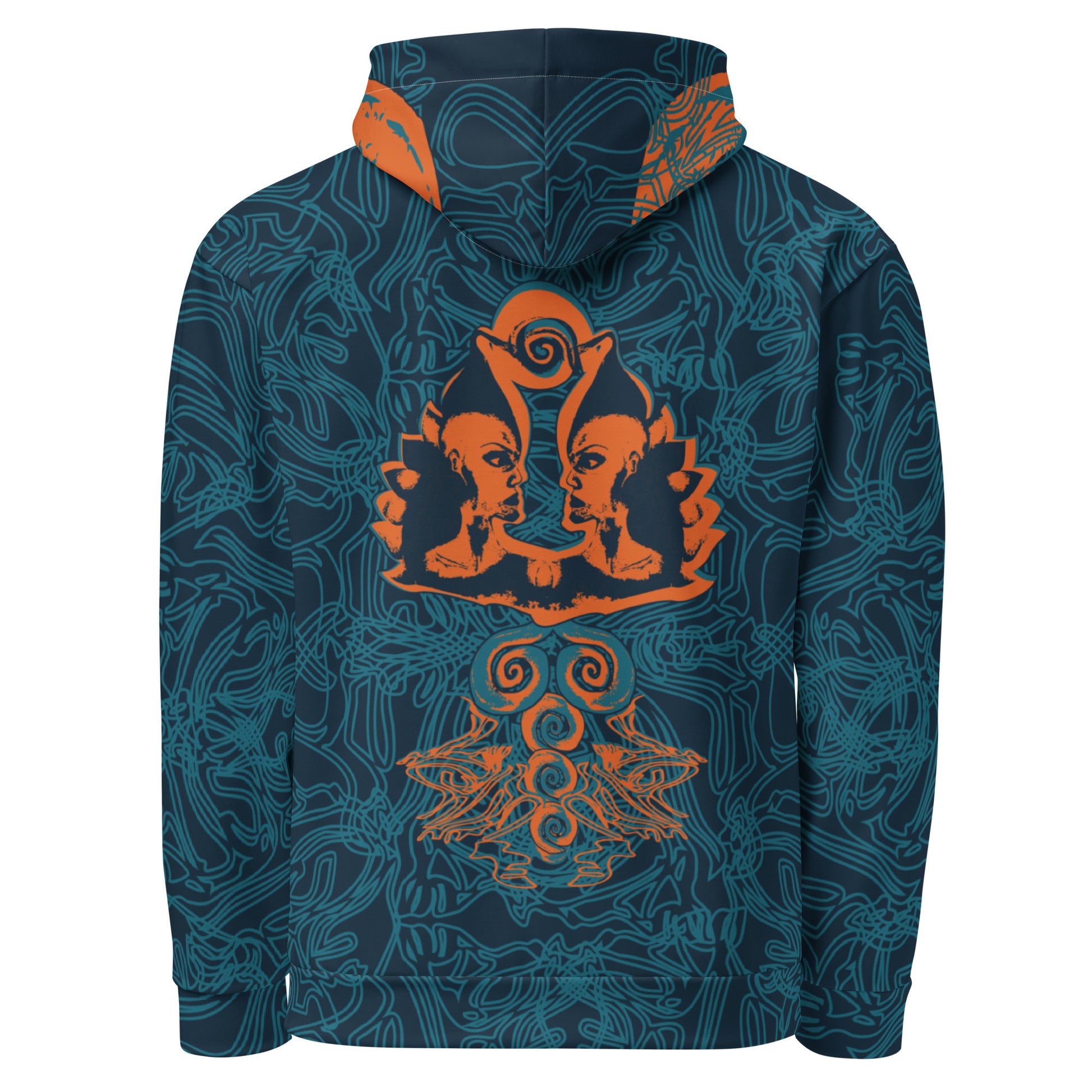 Back view of a navy blue hoodie featuring intricate cyan patterns and bold orange mirrored faces, with a tribal-inspired design on the hood.