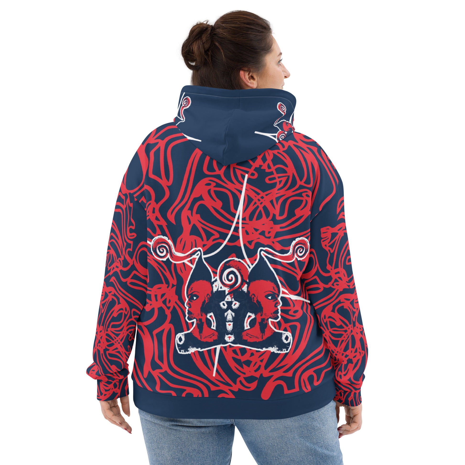 Bold navy and red streetwear hoodie featuring hand-drawn tribal patterns and mirrored face design, culturally inspired and crafted for modern, edgy style – KLOE fashion.