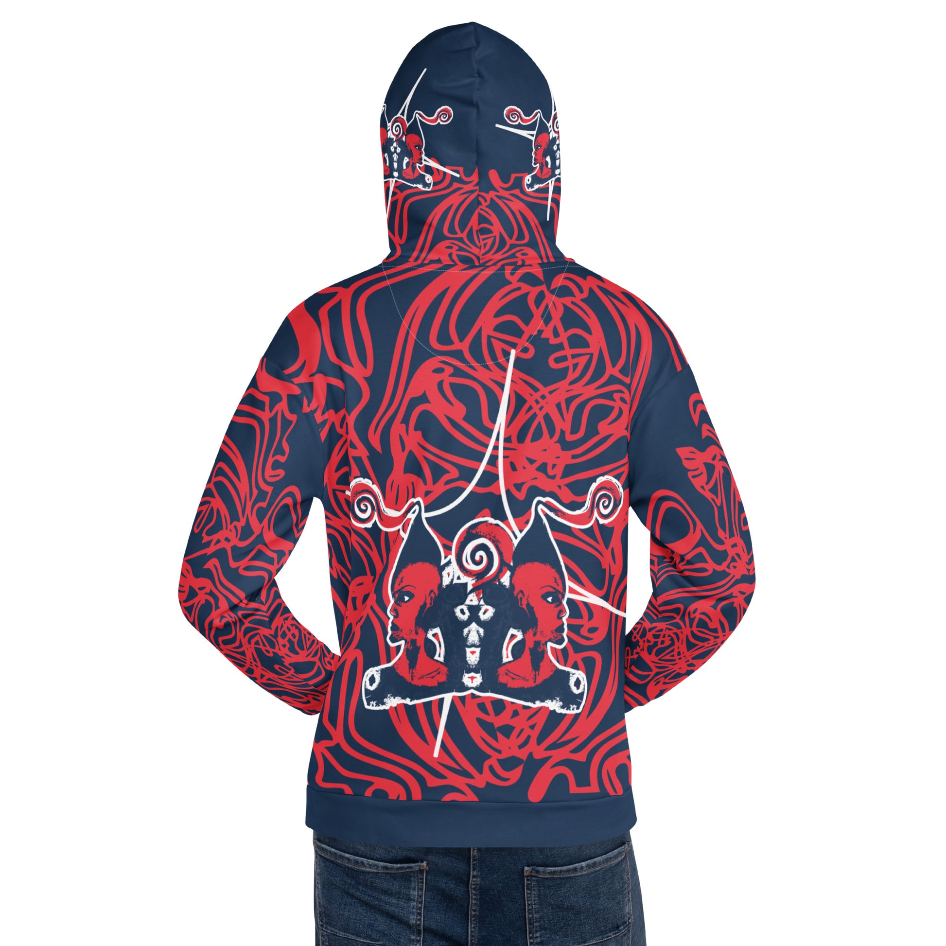 Bold navy and red streetwear hoodie featuring hand-drawn tribal patterns and mirrored face design, culturally inspired and crafted for modern, edgy style – KLOE fashion.