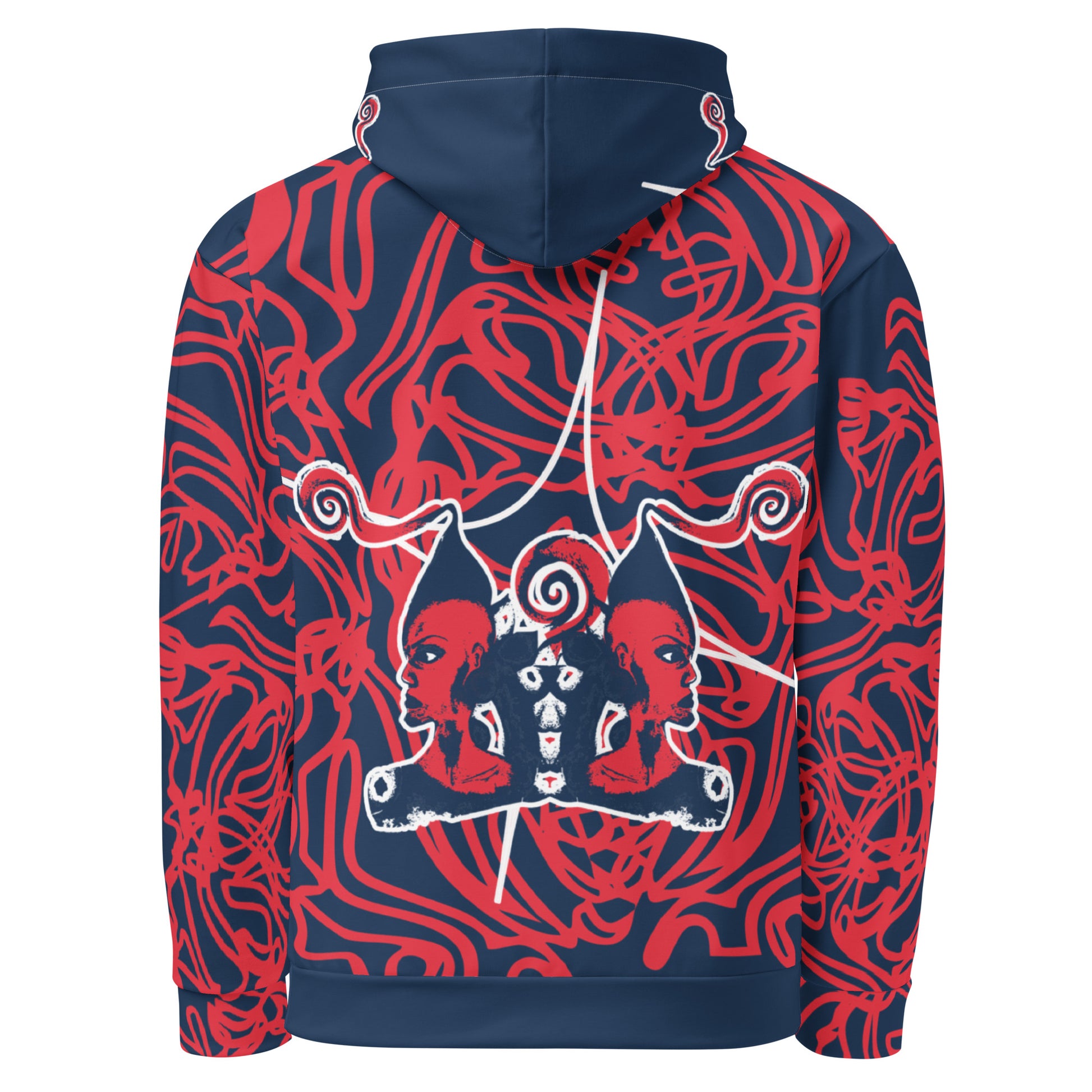 Bold navy and red streetwear hoodie featuring hand-drawn tribal patterns and mirrored face design, culturally inspired and crafted for modern, edgy style – KLOE fashion.