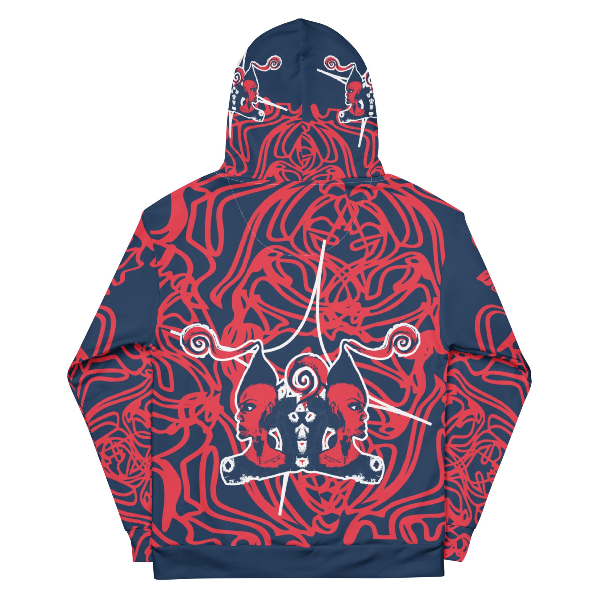 Bold navy and red streetwear hoodie featuring hand-drawn tribal patterns and mirrored face design, culturally inspired and crafted for modern, edgy style – KLOE fashion.