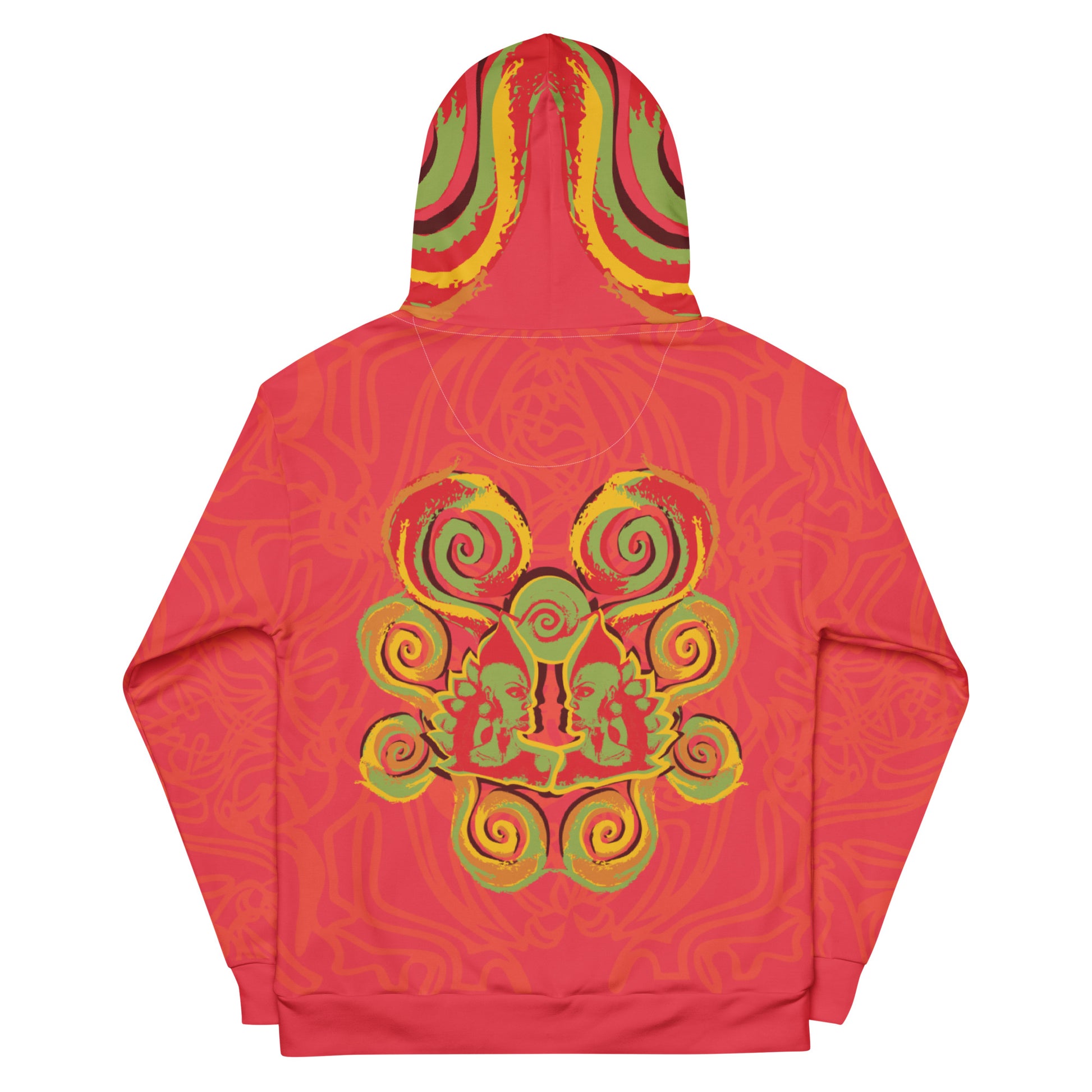 Red hoodie with bold spiral pocket design and mirrored face artwork on the back, inspired by cultural art and self-expression.