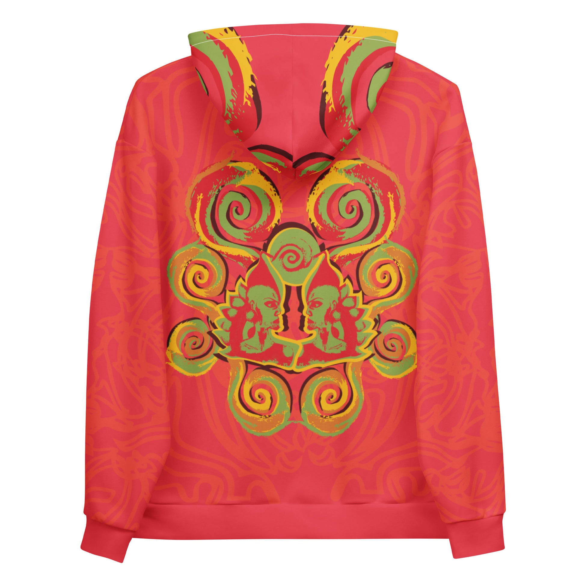 Red hoodie with bold spiral pocket design and mirrored face artwork on the back, inspired by cultural art and self-expression.