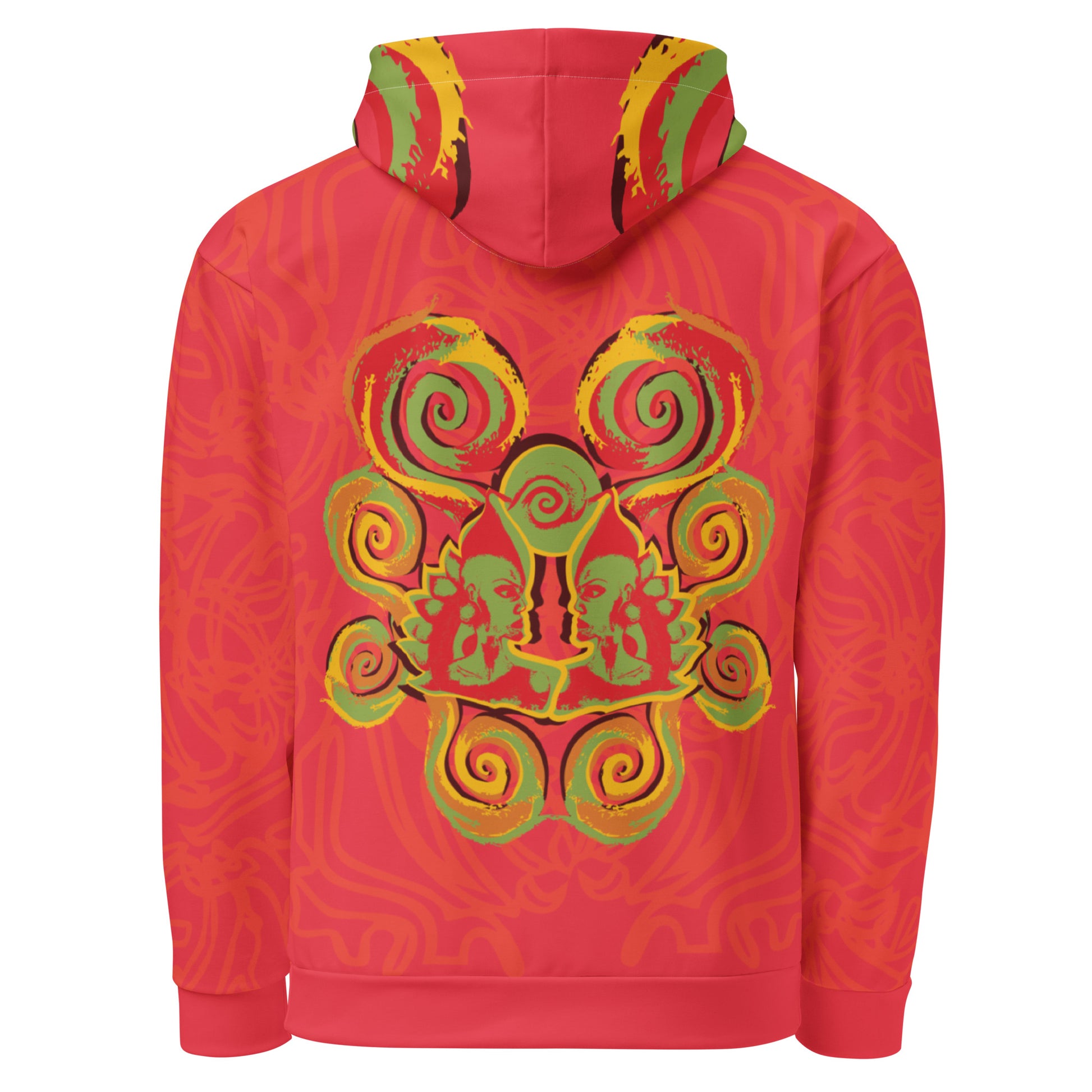 Red hoodie with bold spiral pocket design and mirrored face artwork on the back, inspired by cultural art and self-expression.
