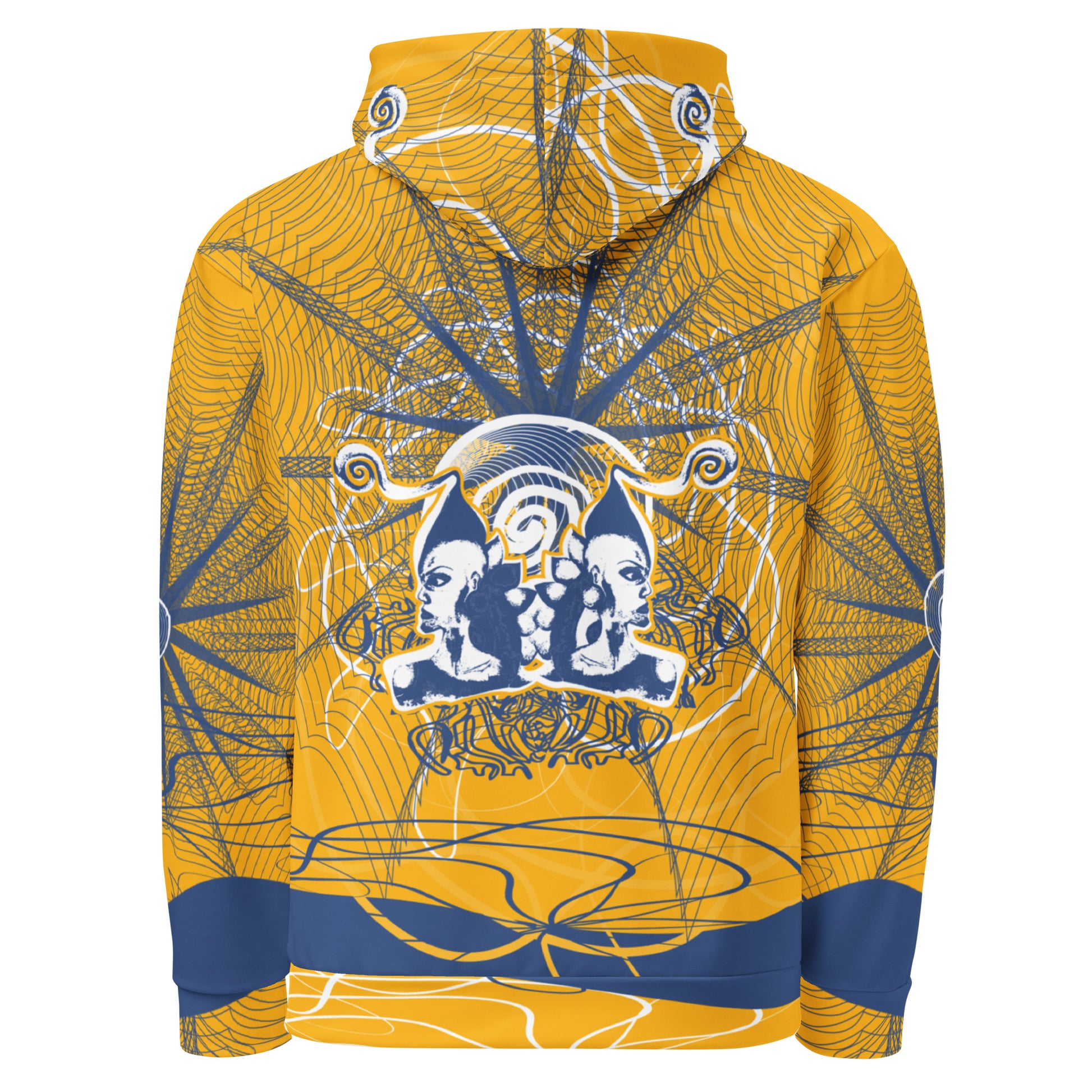 Back view of a golden yellow hoodie with layered navy linework and a mirrored face emblem at the center, combining cultural symbolism with modern streetwear design from the Secret Chambers of I and I collection.