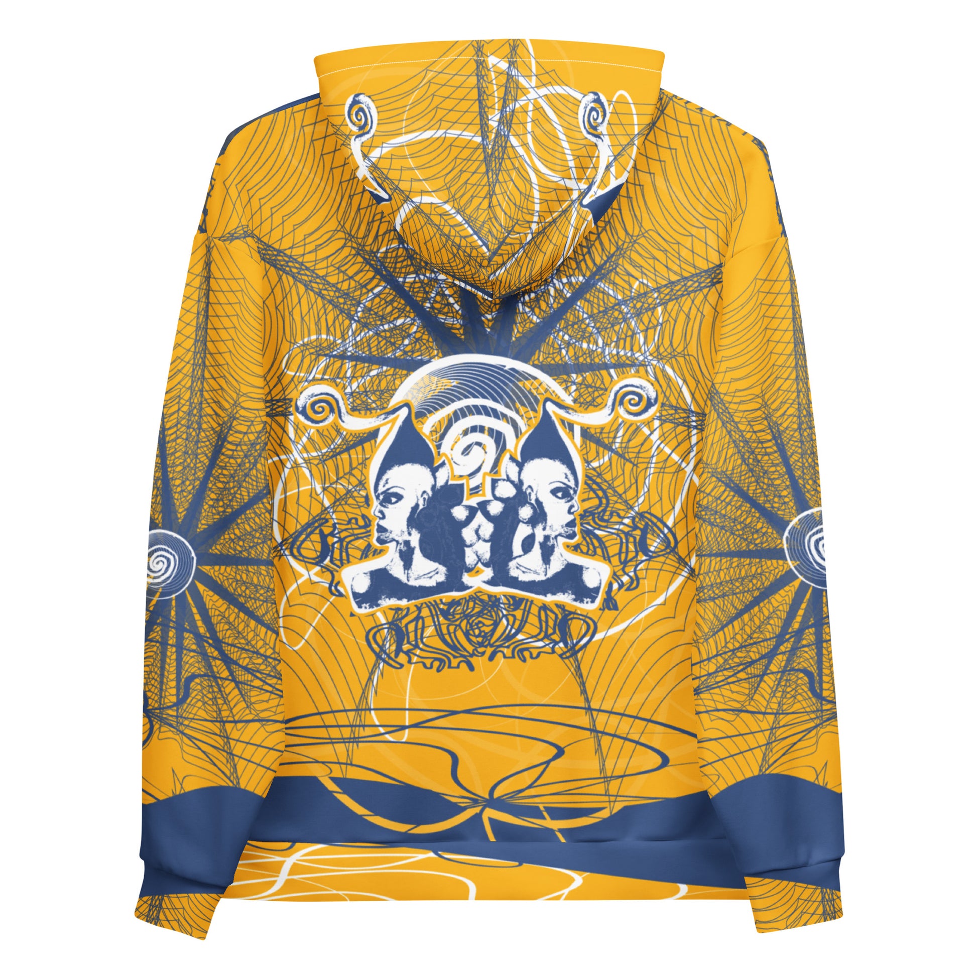 Back view of a golden yellow hoodie with layered navy linework and a mirrored face emblem at the center, combining cultural symbolism with modern streetwear design from the Secret Chambers of I and I collection.