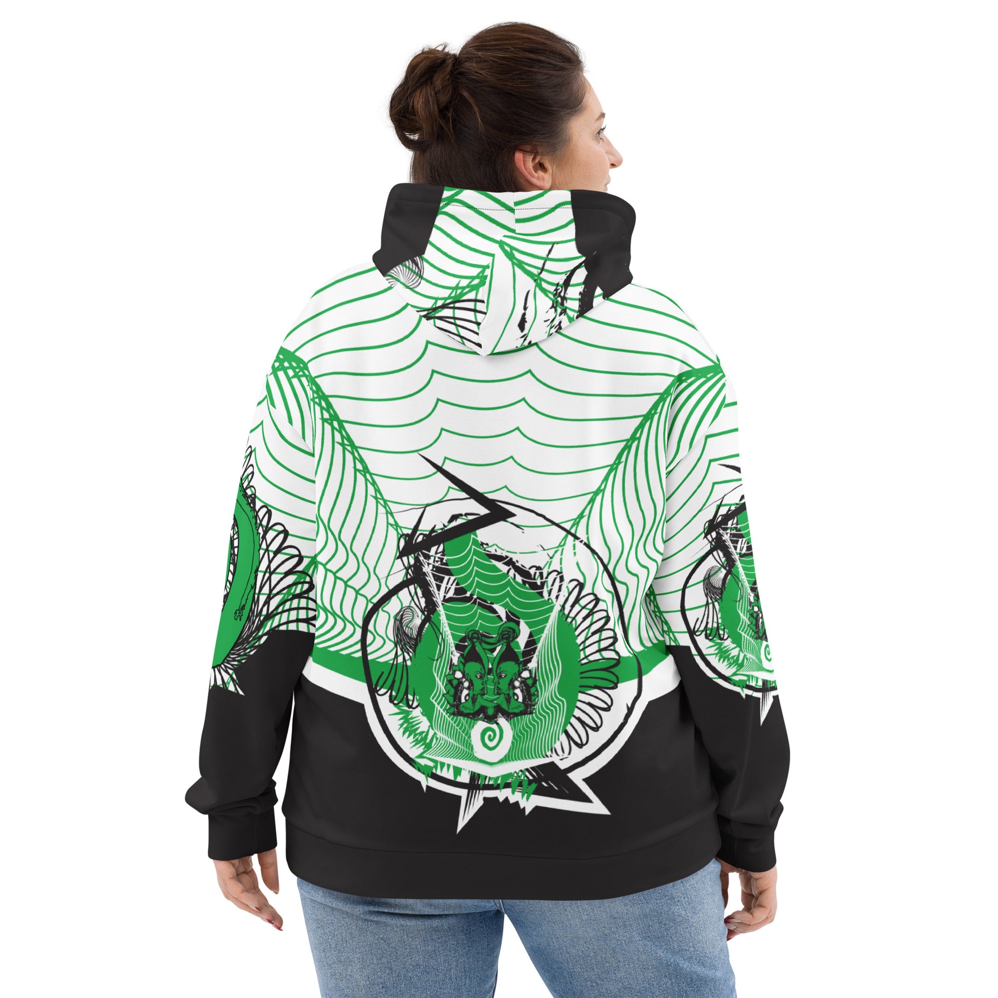 Hand-illustrated unisex hoodie featuring bold green spirals and a drawing of two mirrored faces — crafted for authentic self-expression and inspired by global artistic traditions, exclusive to KLOE.