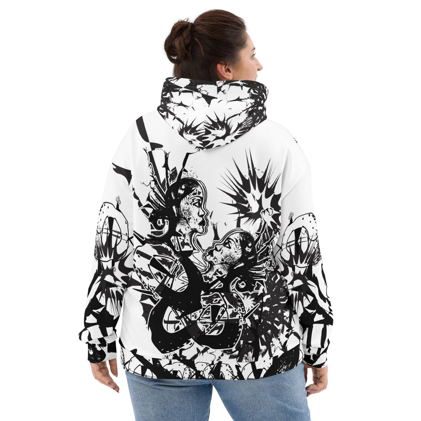 Back view of white all-over print unisex K.L.O.E. hoodie with intricate black hand-drawn artwork of two faces intertwined with abstract, organic forms and cultural symbolism—representing metamorphosis, identity, and creative freedom.