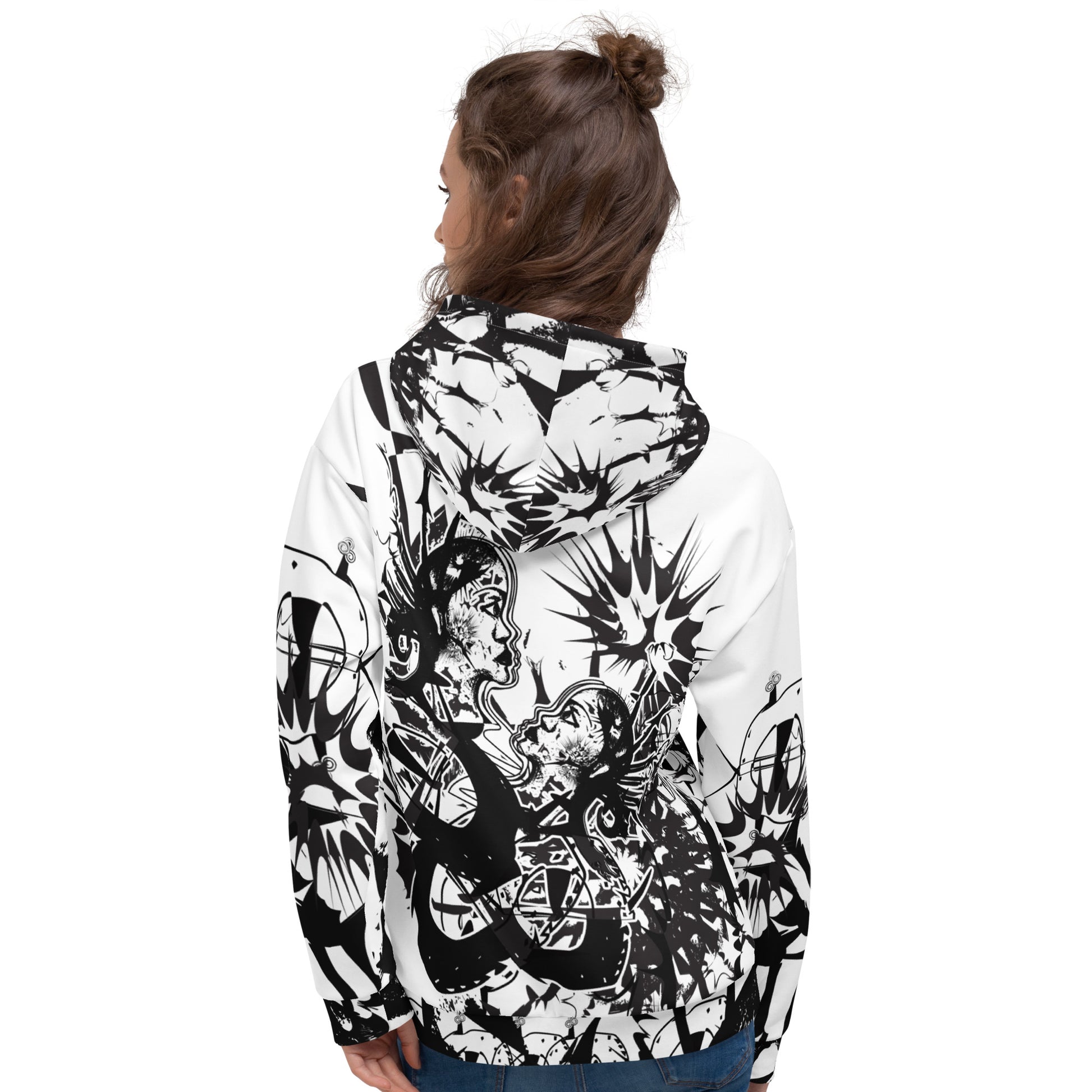 Back view of white all-over print unisex K.L.O.E. hoodie with intricate black hand-drawn artwork of two faces intertwined with abstract, organic forms and cultural symbolism—representing metamorphosis, identity, and creative freedom.