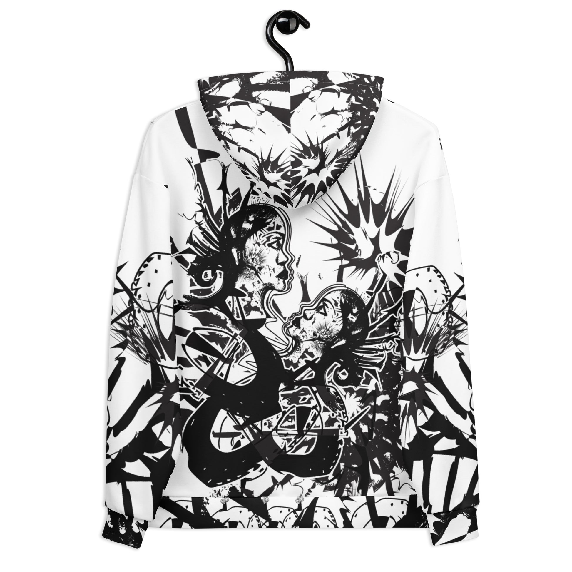 Back view of white all-over print unisex K.L.O.E. hoodie with intricate black hand-drawn artwork of two faces intertwined with abstract, organic forms and cultural symbolism—representing metamorphosis, identity, and creative freedom.