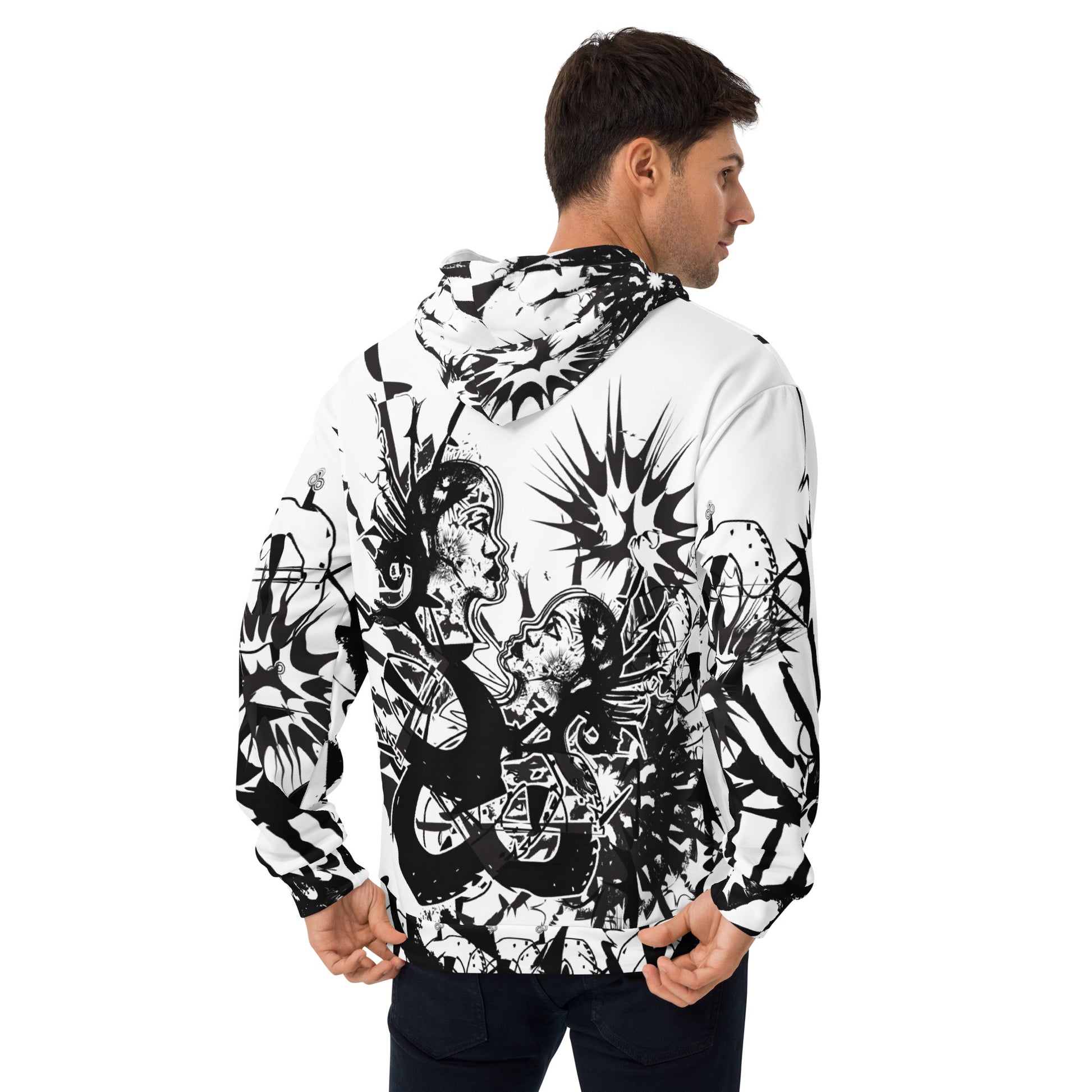 Back view of white all-over print unisex K.L.O.E. hoodie with intricate black hand-drawn artwork of two faces intertwined with abstract, organic forms and cultural symbolism—representing metamorphosis, identity, and creative freedom.