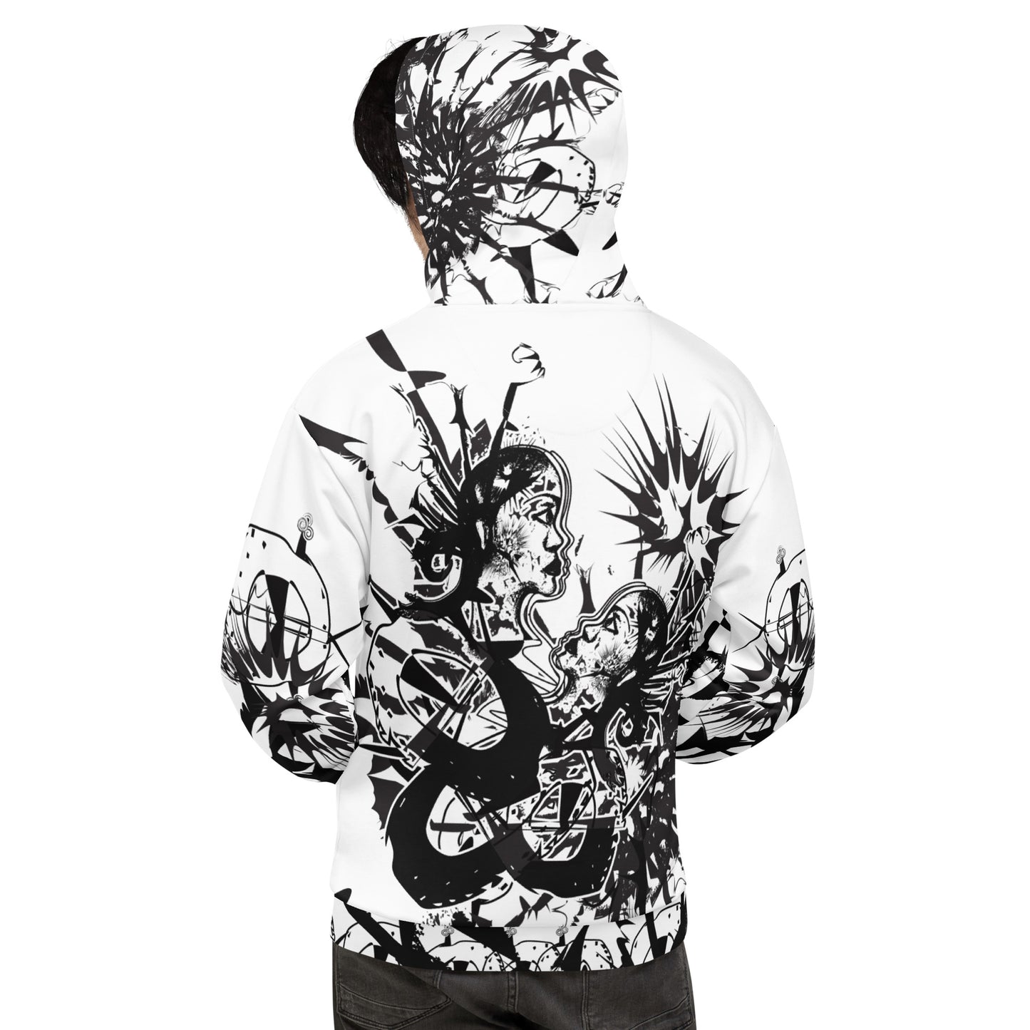 Back view of white all-over print unisex K.L.O.E. hoodie with intricate black hand-drawn artwork of two faces intertwined with abstract, organic forms and cultural symbolism—representing metamorphosis, identity, and creative freedom.