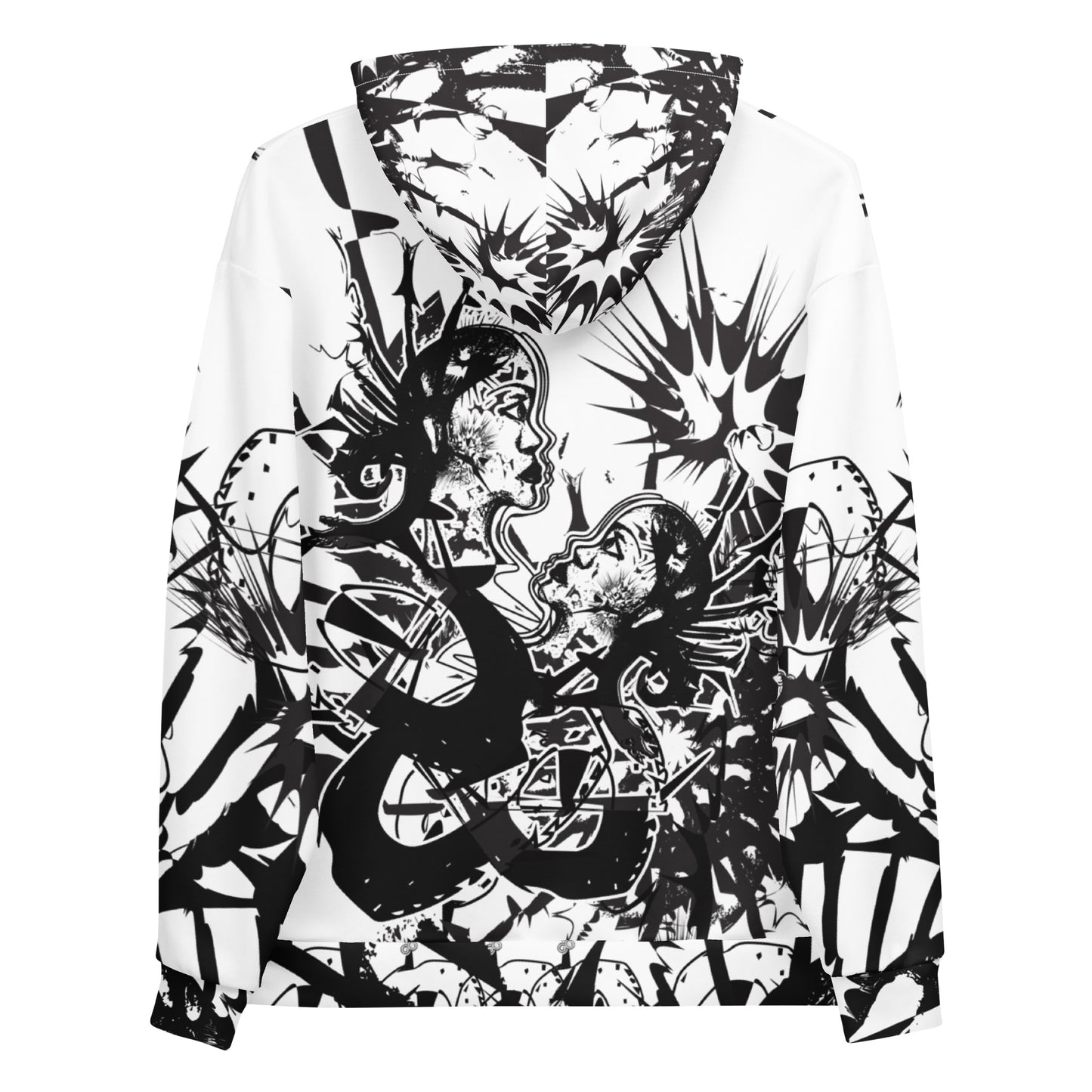 Back view of white all-over print unisex K.L.O.E. hoodie with intricate black hand-drawn artwork of two faces intertwined with abstract, organic forms and cultural symbolism—representing metamorphosis, identity, and creative freedom.