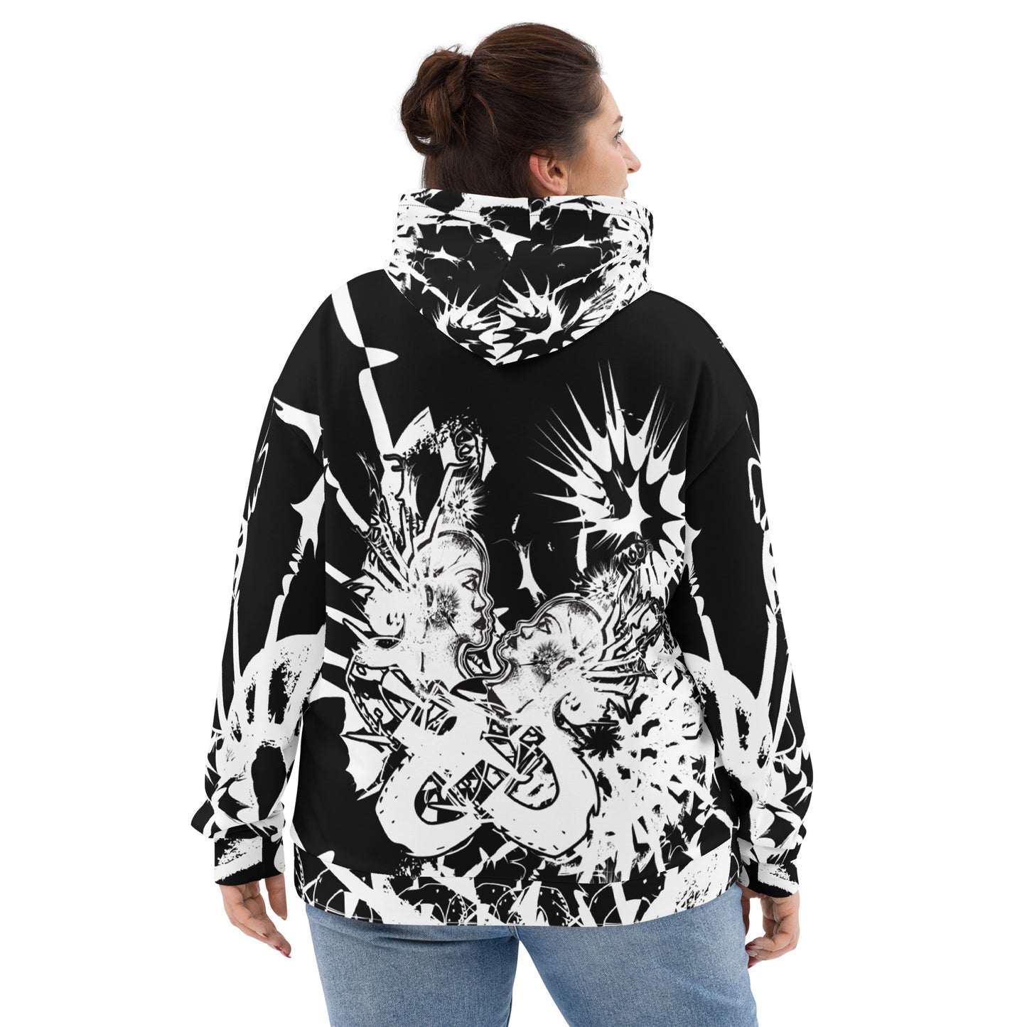 Back view of all-over print recycled unisex hoodie by K.L.O.E showcasing intricate white hand-drawn artwork of two abstract faces surrounded by bold cultural and symbolic motifs—celebrating artistic expression and self-evolution.