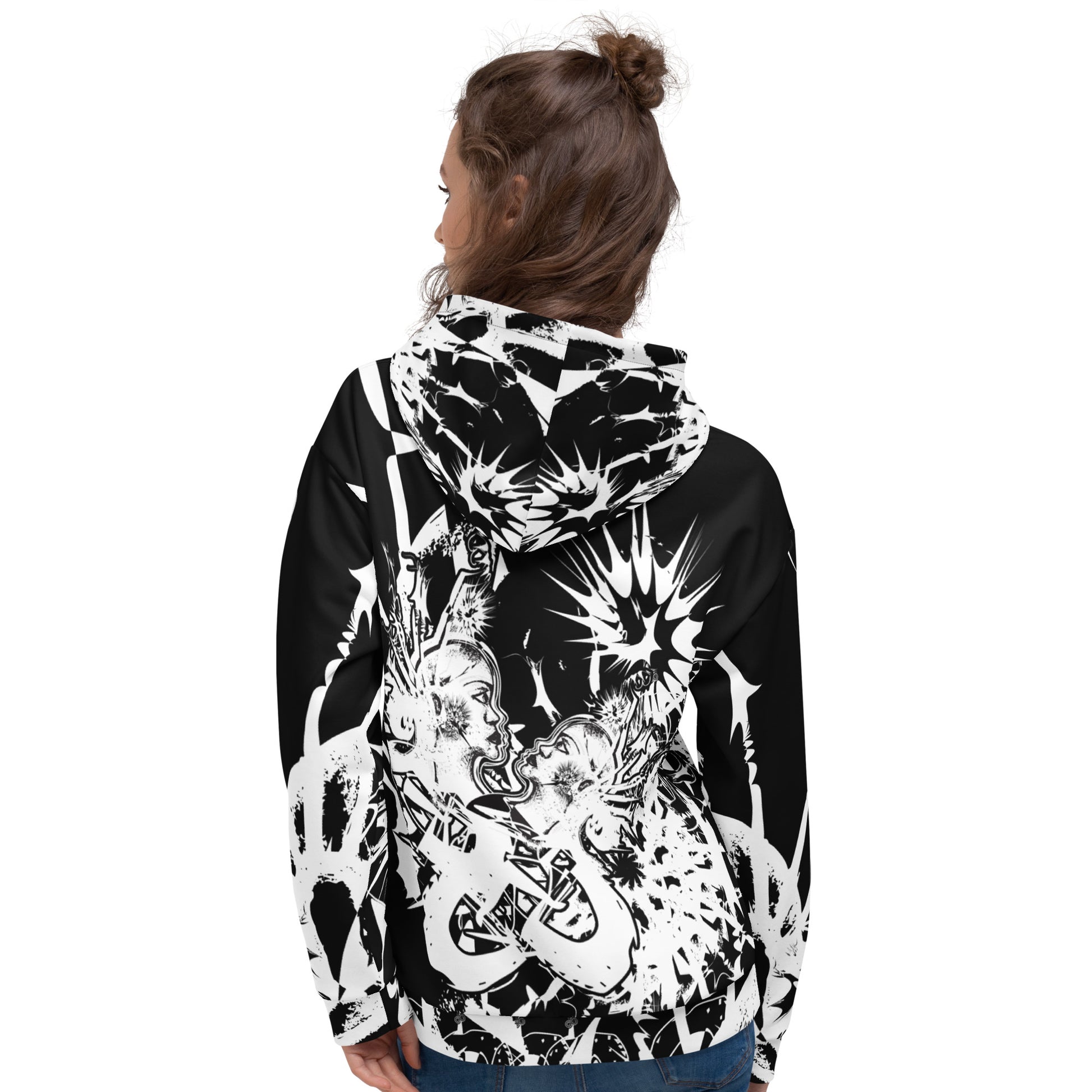 Back view of all-over print recycled unisex hoodie by K.L.O.E showcasing intricate white hand-drawn artwork of two abstract faces surrounded by bold cultural and symbolic motifs—celebrating artistic expression and self-evolution.