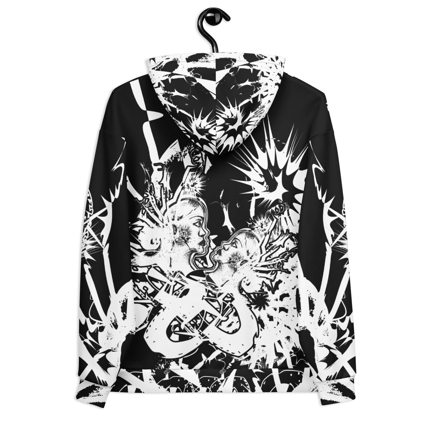 Back view of all-over print recycled unisex hoodie by K.L.O.E showcasing intricate white hand-drawn artwork of two abstract faces surrounded by bold cultural and symbolic motifs—celebrating artistic expression and self-evolution.
