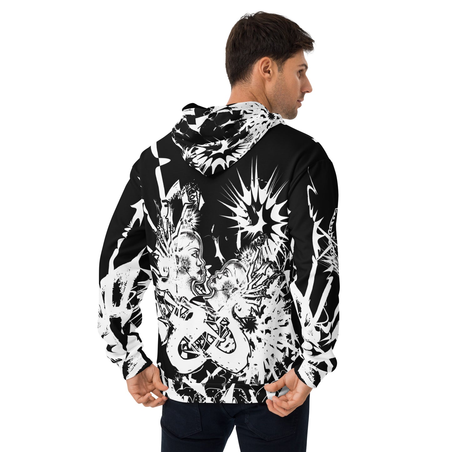 Back view of all-over print recycled unisex hoodie by K.L.O.E showcasing intricate white hand-drawn artwork of two abstract faces surrounded by bold cultural and symbolic motifs—celebrating artistic expression and self-evolution.