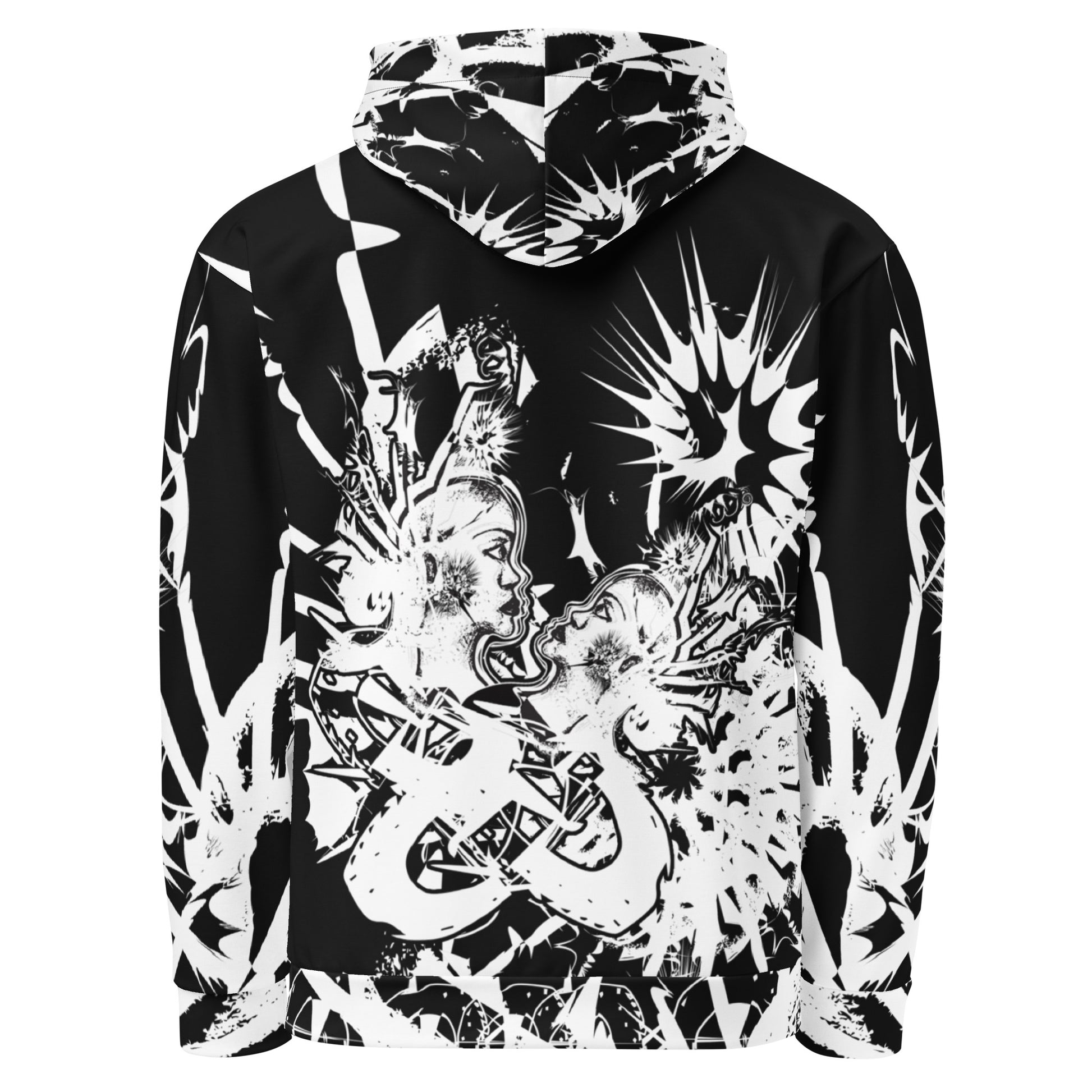 Back view of all-over print recycled unisex hoodie by K.L.O.E showcasing intricate white hand-drawn artwork of two abstract faces surrounded by bold cultural and symbolic motifs—celebrating artistic expression and self-evolution.