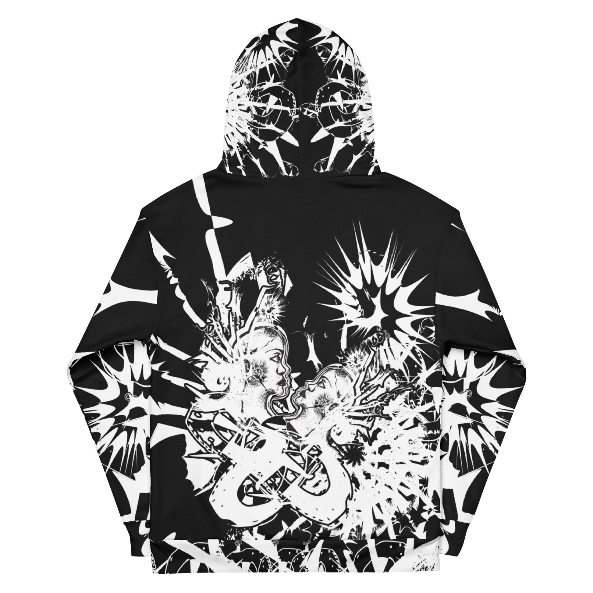 Back view of all-over print recycled unisex hoodie by K.L.O.E showcasing intricate white hand-drawn artwork of two abstract faces surrounded by bold cultural and symbolic motifs—celebrating artistic expression and self-evolution.