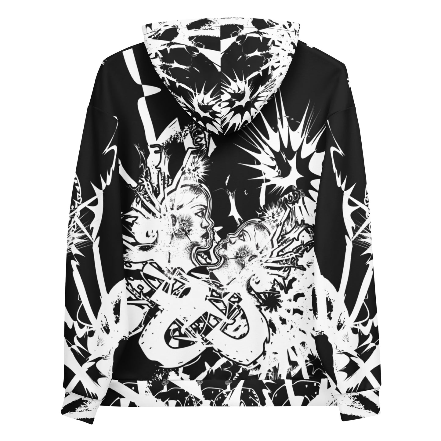 Back view of all-over print recycled unisex hoodie by K.L.O.E showcasing intricate white hand-drawn artwork of two abstract faces surrounded by bold cultural and symbolic motifs—celebrating artistic expression and self-evolution.