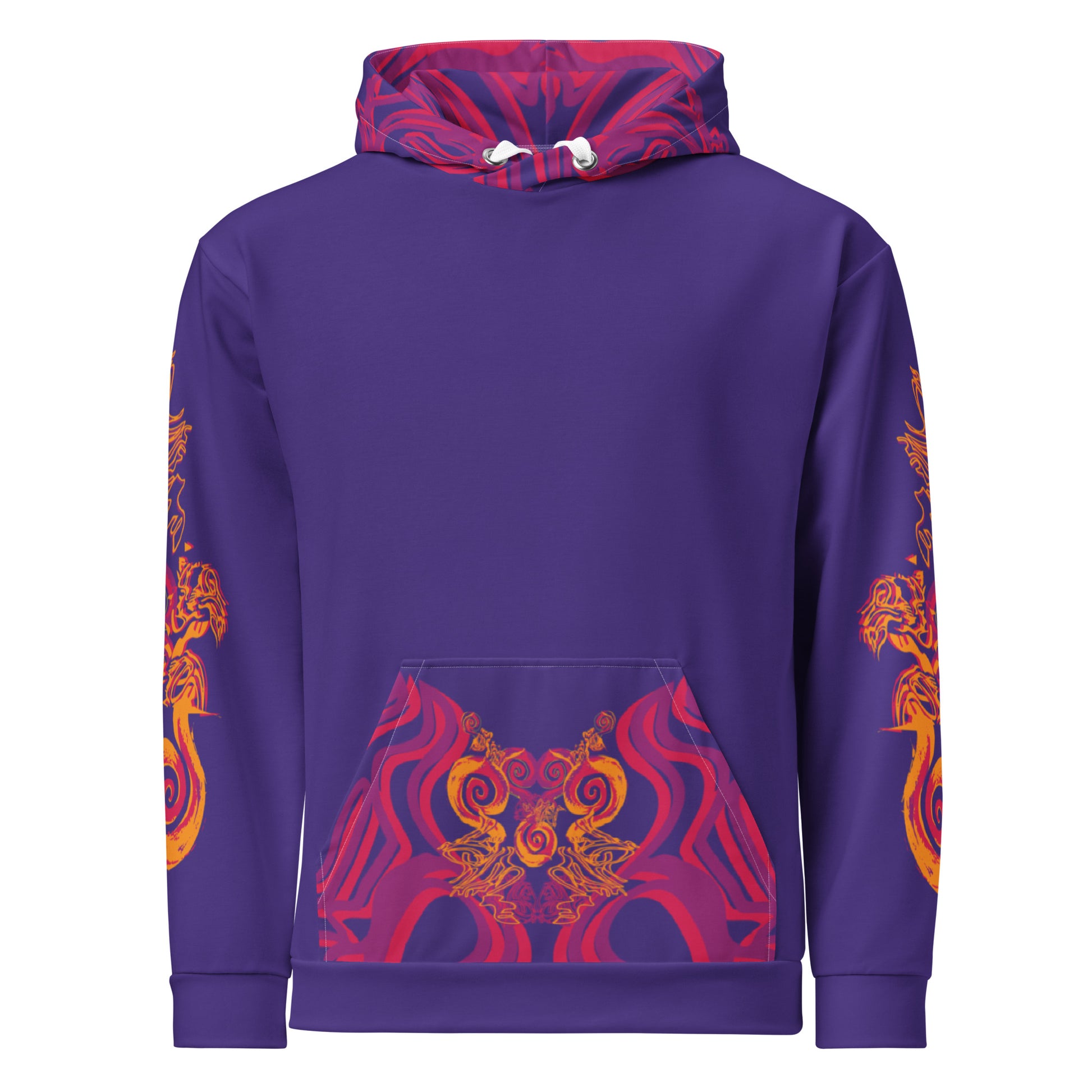 Vibrant purple hoodie with bold orange and red culturally inspired patterns, mirrored face design, and abstract swirls — expressive fashion from KLOE’s The Secret Chambers of I & I collection.