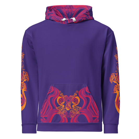 Vibrant purple hoodie with bold orange and red culturally inspired patterns, mirrored face design, and abstract swirls — expressive fashion from KLOE’s The Secret Chambers of I & I collection.