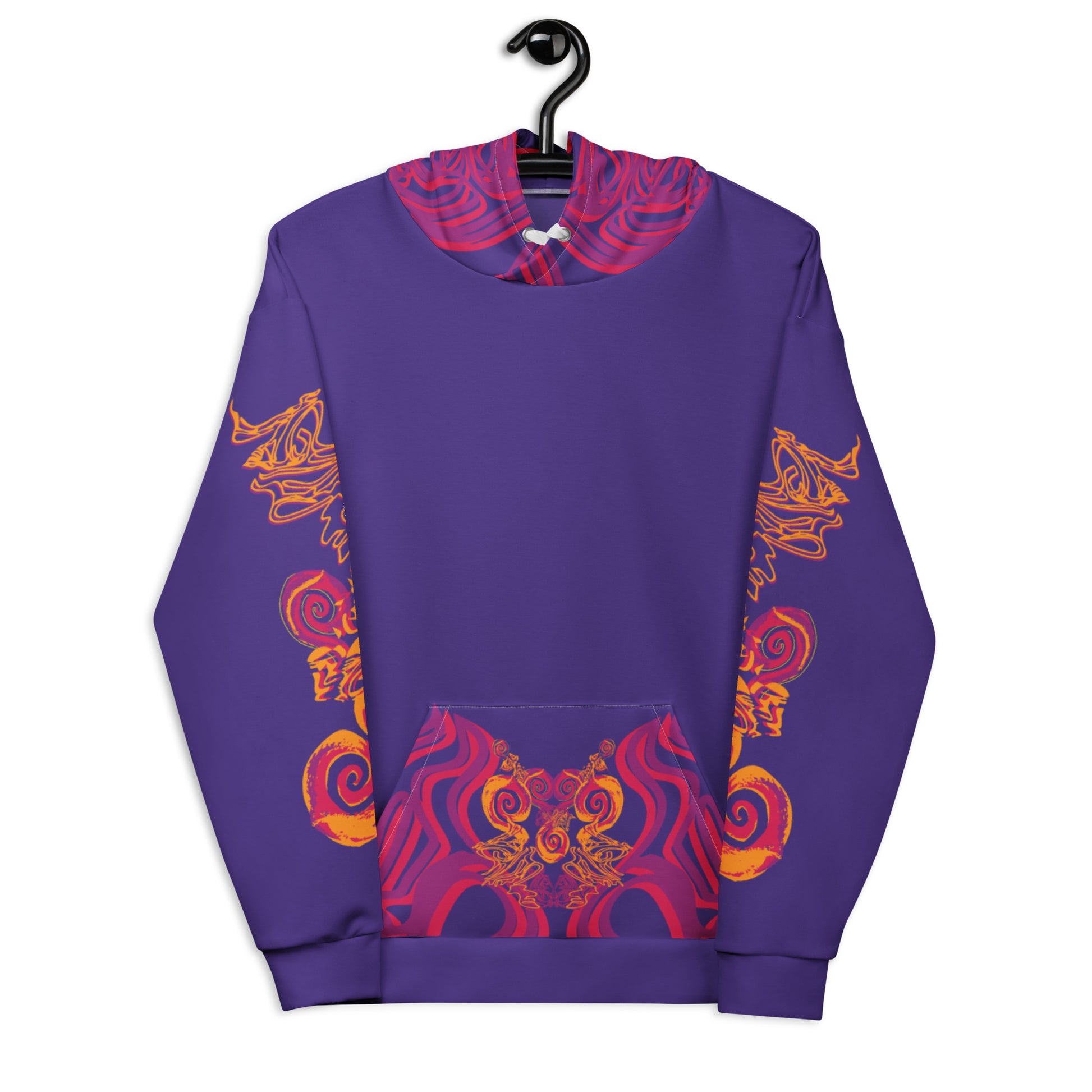 Vibrant purple hoodie with bold orange and red culturally inspired patterns, mirrored face design, and abstract swirls — expressive fashion from KLOE’s The Secret Chambers of I & I collection.