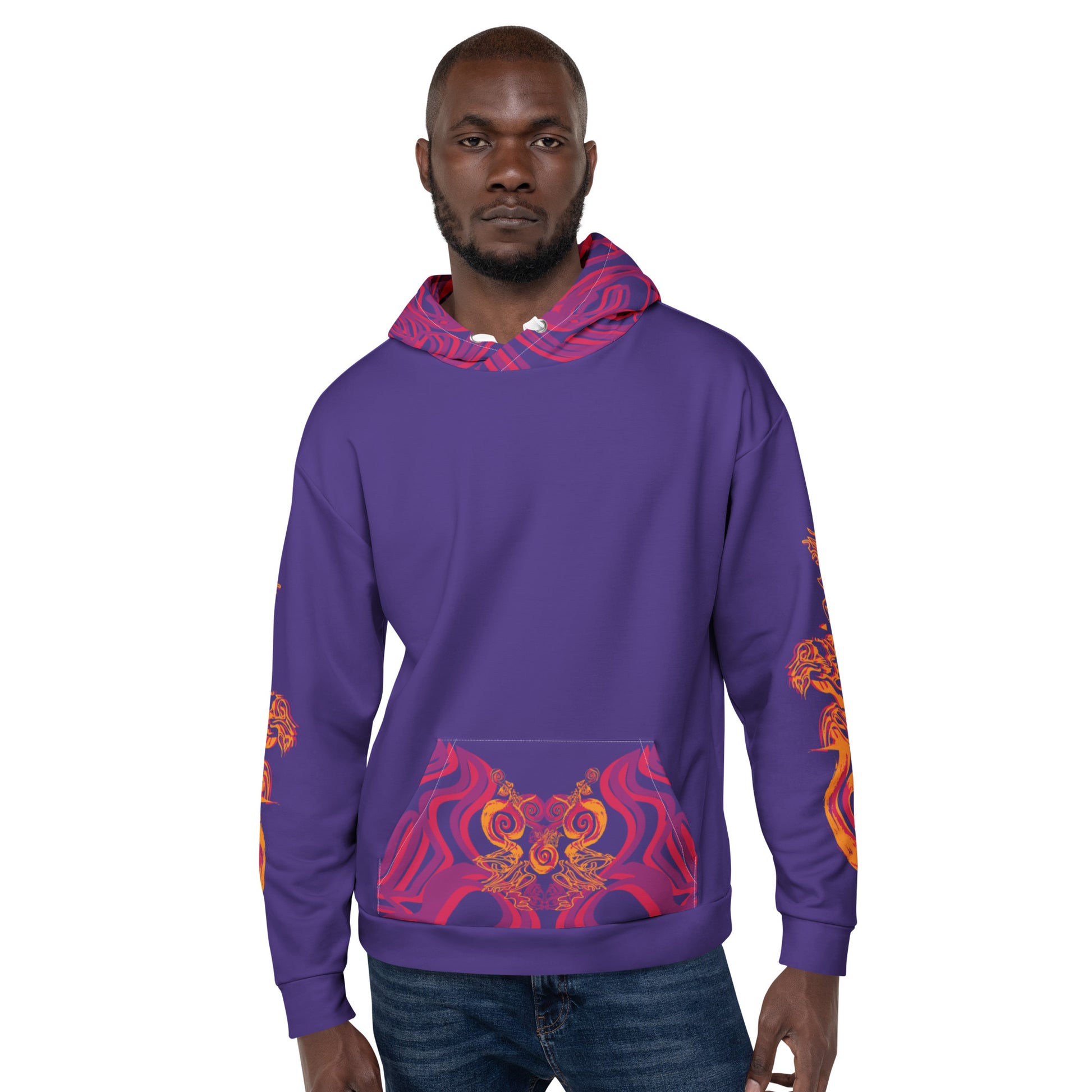 Vibrant purple hoodie with bold orange and red culturally inspired patterns, mirrored face design, and abstract swirls — expressive fashion from KLOE’s The Secret Chambers of I & I collection, on a model.