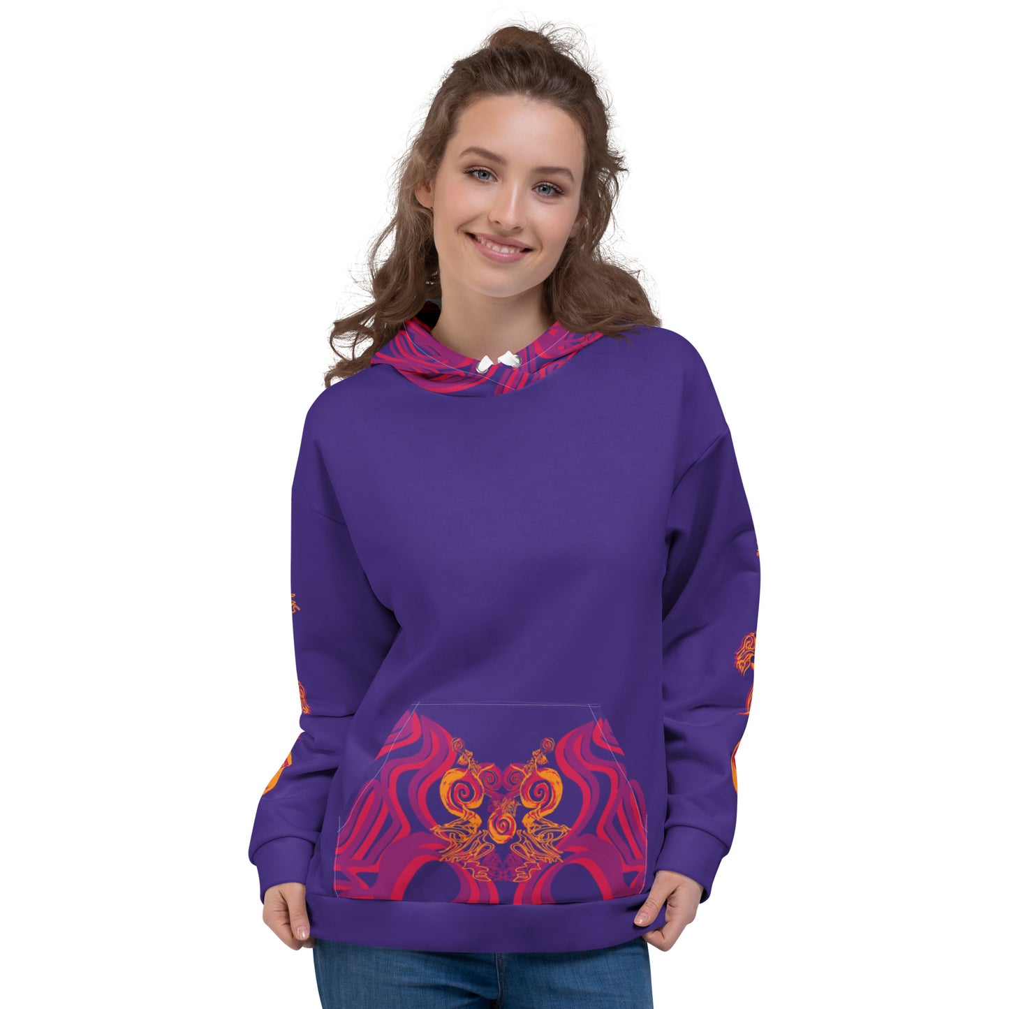 Vibrant purple hoodie with bold orange and red culturally inspired patterns, mirrored face design, and abstract swirls — expressive fashion from KLOE’s The Secret Chambers of I & I collection, on a model.