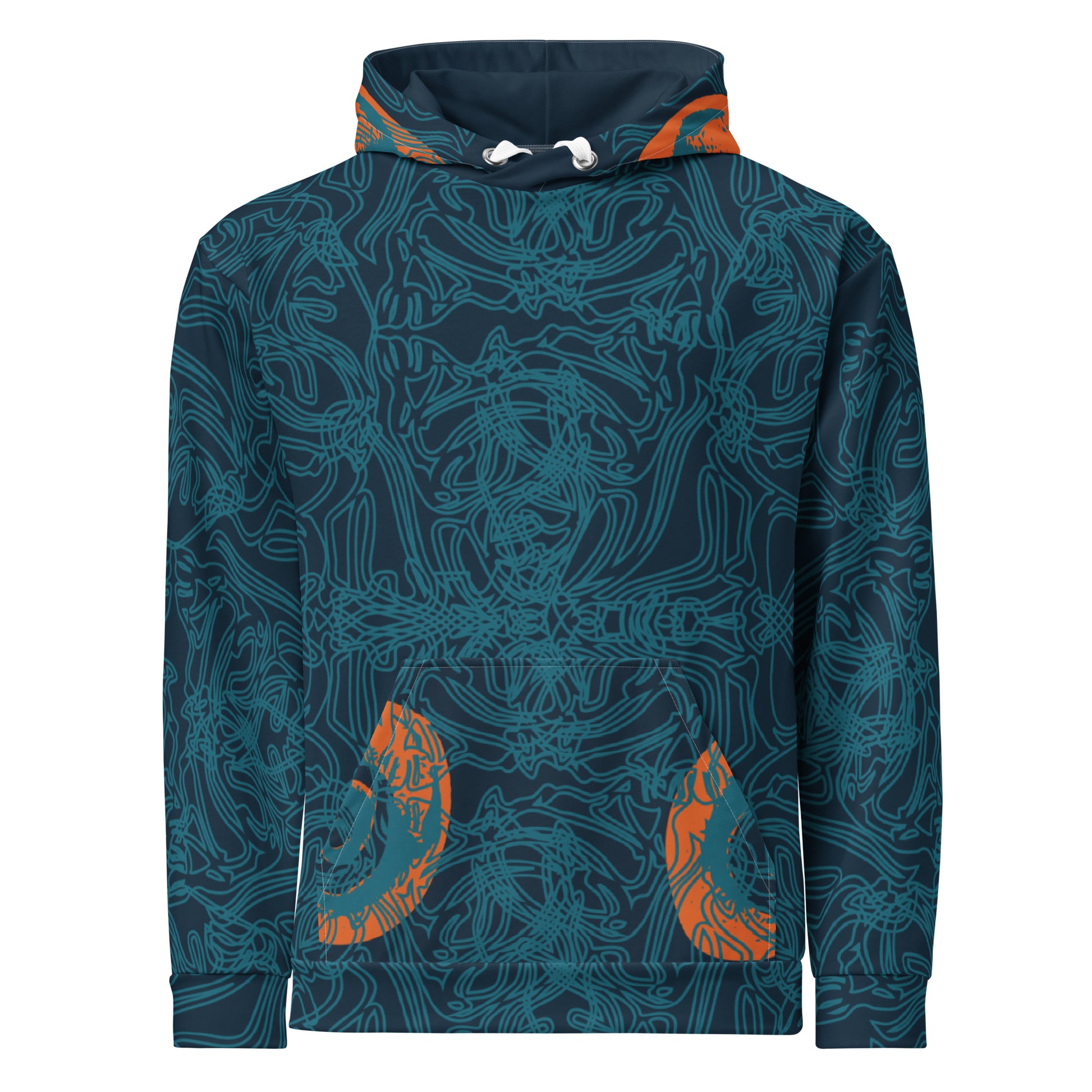 Front view of a navy blue hoodie with intricate cyan linework, subtle orange tribal accents on the pockets, and a spacious hood.