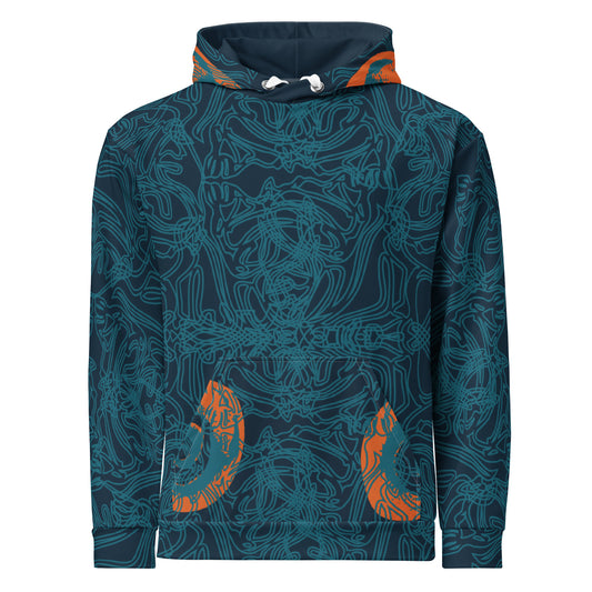 Front view of a navy blue hoodie with intricate cyan linework, subtle orange tribal accents on the pockets, and a spacious hood.