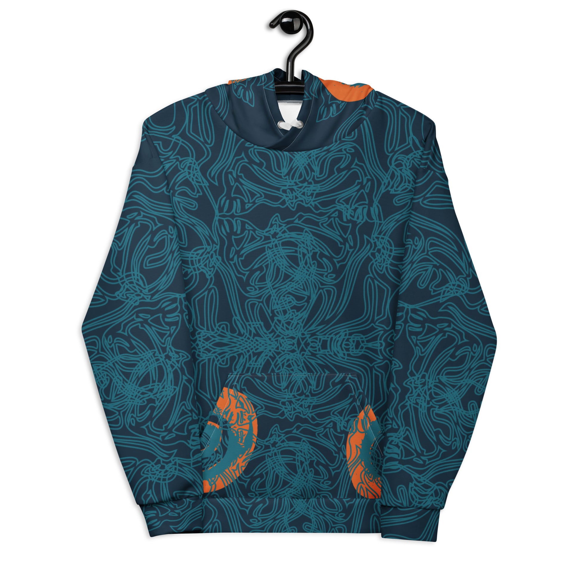 Front view of a navy blue hoodie with intricate cyan linework, subtle orange tribal accents on the pockets, and a spacious hood.