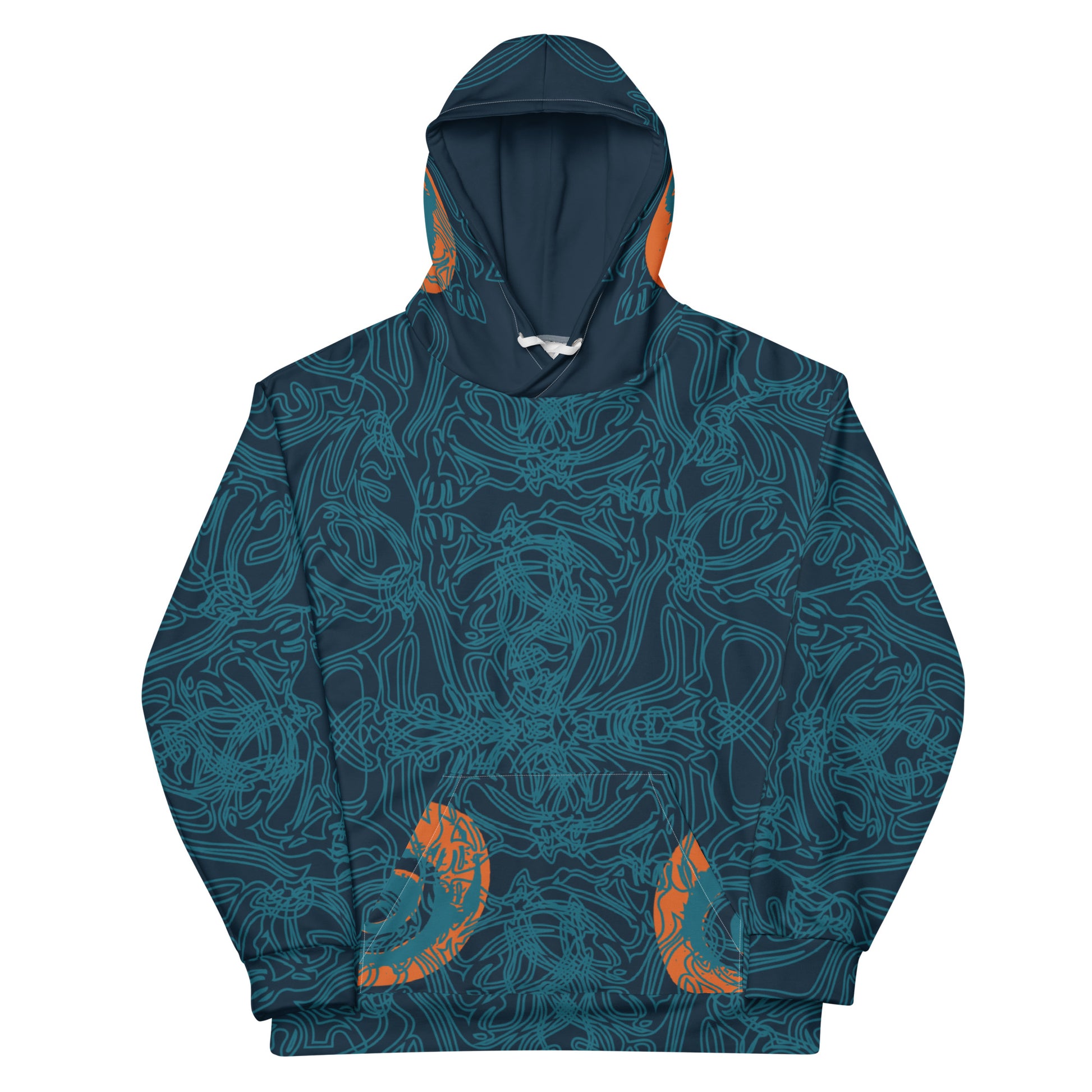 Front view of a navy blue hoodie with intricate cyan linework, subtle orange tribal accents on the pockets, and a spacious hood.