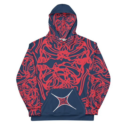 Bold navy and red streetwear hoodie featuring hand-drawn tribal patterns and mirrored face design, culturally inspired and crafted for modern, edgy style – KLOE fashion.