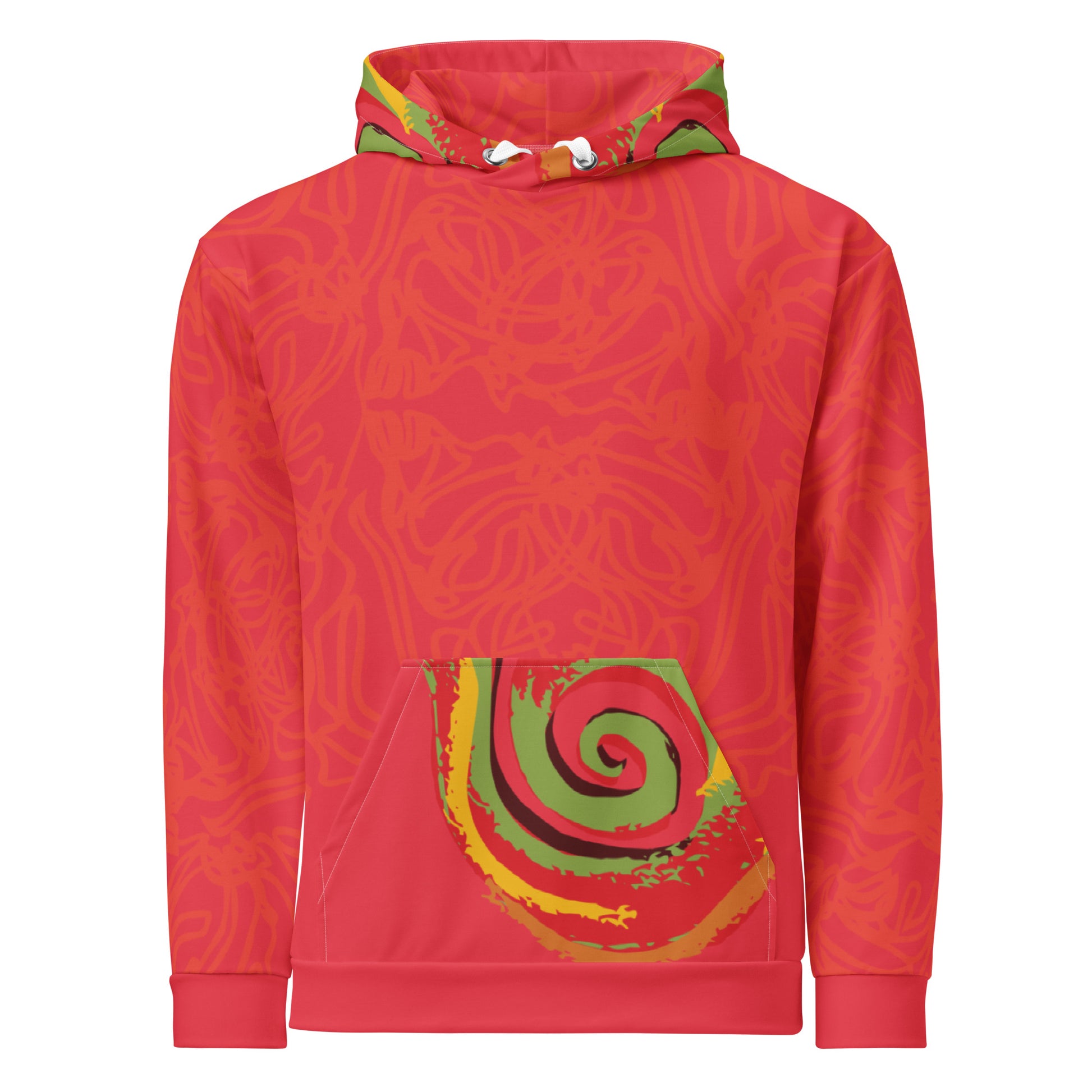 Red hoodie with bold spiral pocket design and mirrored face artwork on the back, inspired by cultural art and self-expression.