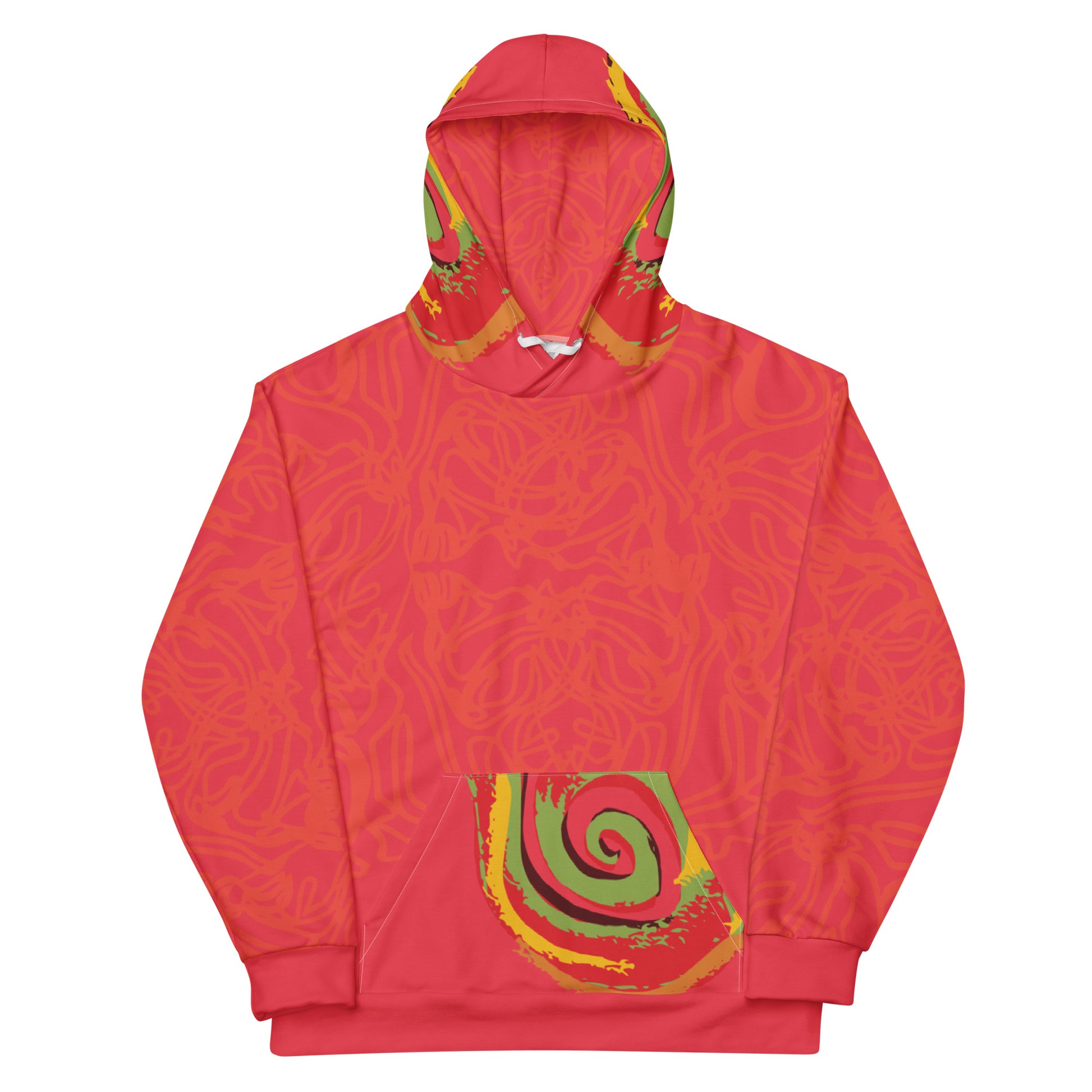 Red hoodie with bold spiral pocket design and mirrored face artwork on the back, inspired by cultural art and self-expression.