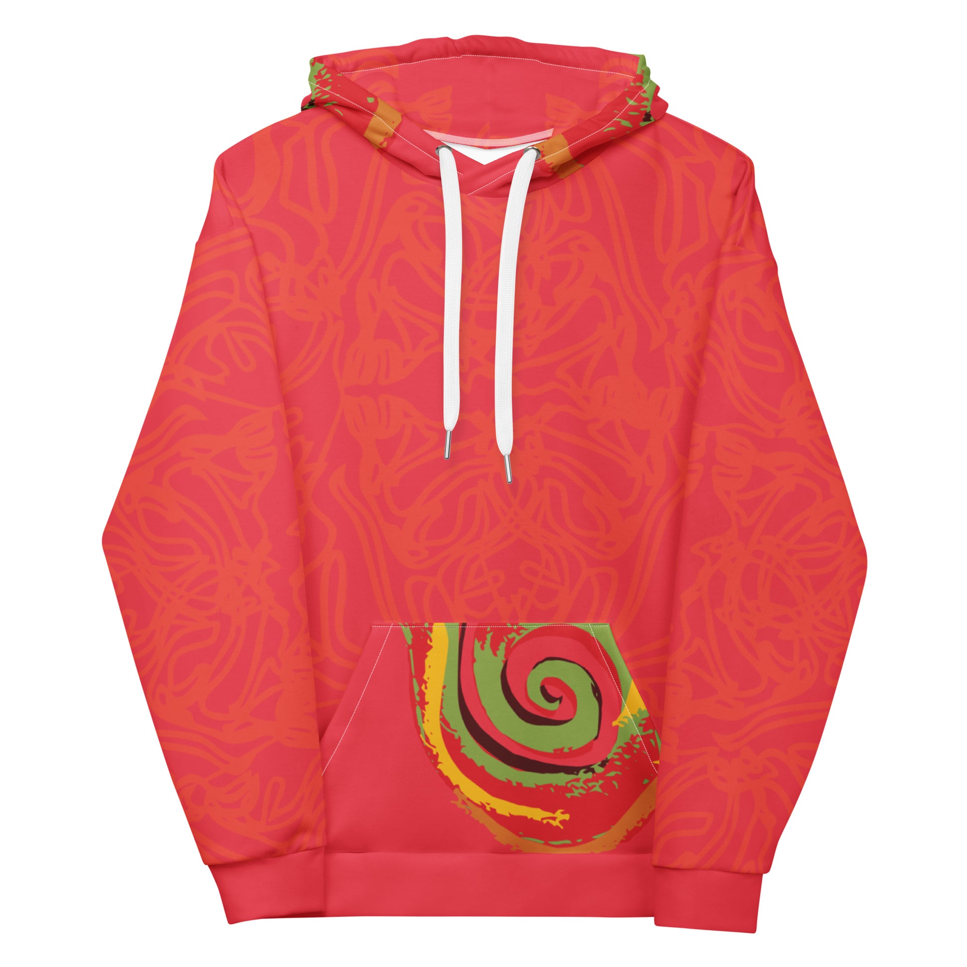 Red hoodie with bold spiral pocket design and mirrored face artwork on the back, inspired by cultural art and self-expression.
