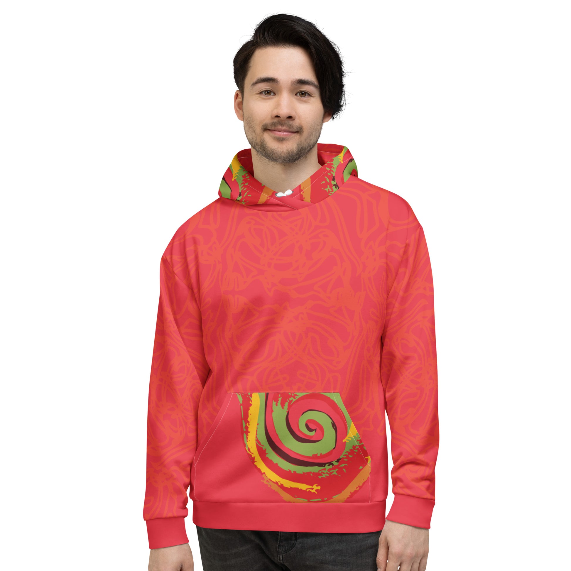 Red hoodie with bold spiral pocket design and mirrored face artwork on the back, inspired by cultural art and self-expression.