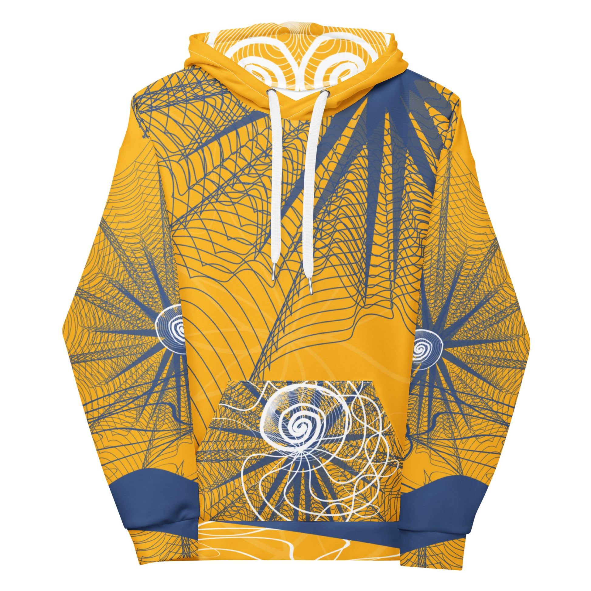 Front view of a golden yellow hoodie featuring navy web-like patterns, white spiral graphics, and a front pocket—blending bold streetwear with hand-drawn artistic detail.