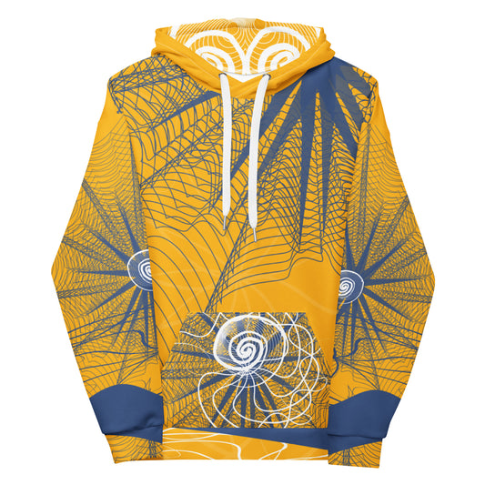Front view of a golden yellow hoodie featuring navy web-like patterns, white spiral graphics, and a front pocket—blending bold streetwear with hand-drawn artistic detail.