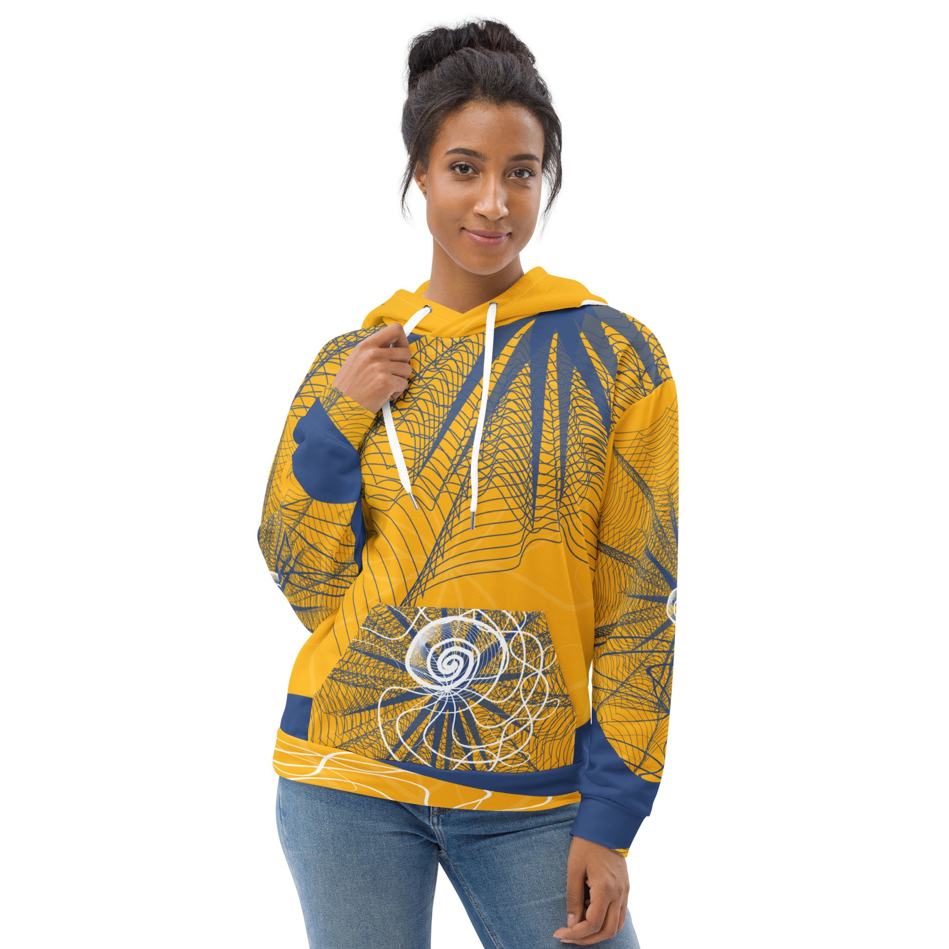 Front view of a golden yellow hoodie featuring navy web-like patterns, white spiral graphics, and a front pocket—blending bold streetwear with hand-drawn artistic detail.