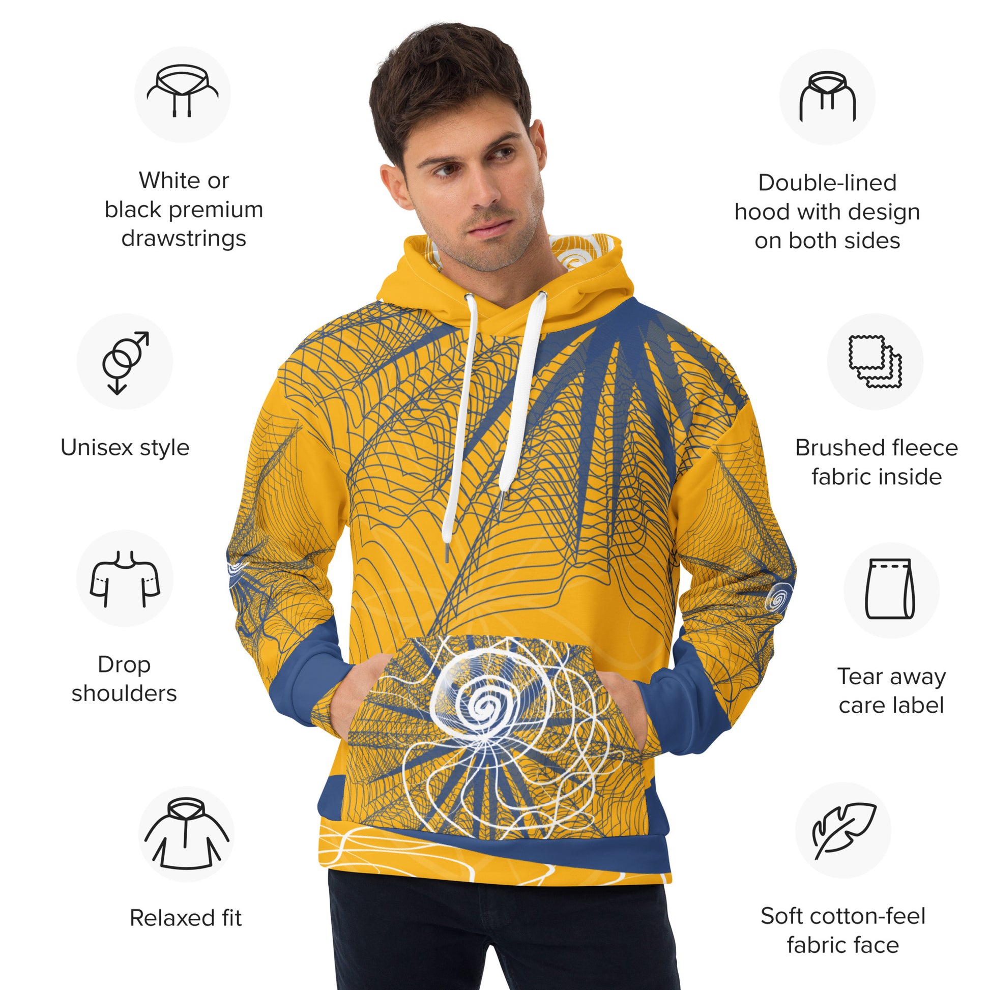 Front view of a golden yellow hoodie featuring navy web-like patterns, white spiral graphics, and a front pocket—blending bold streetwear with hand-drawn artistic detail.