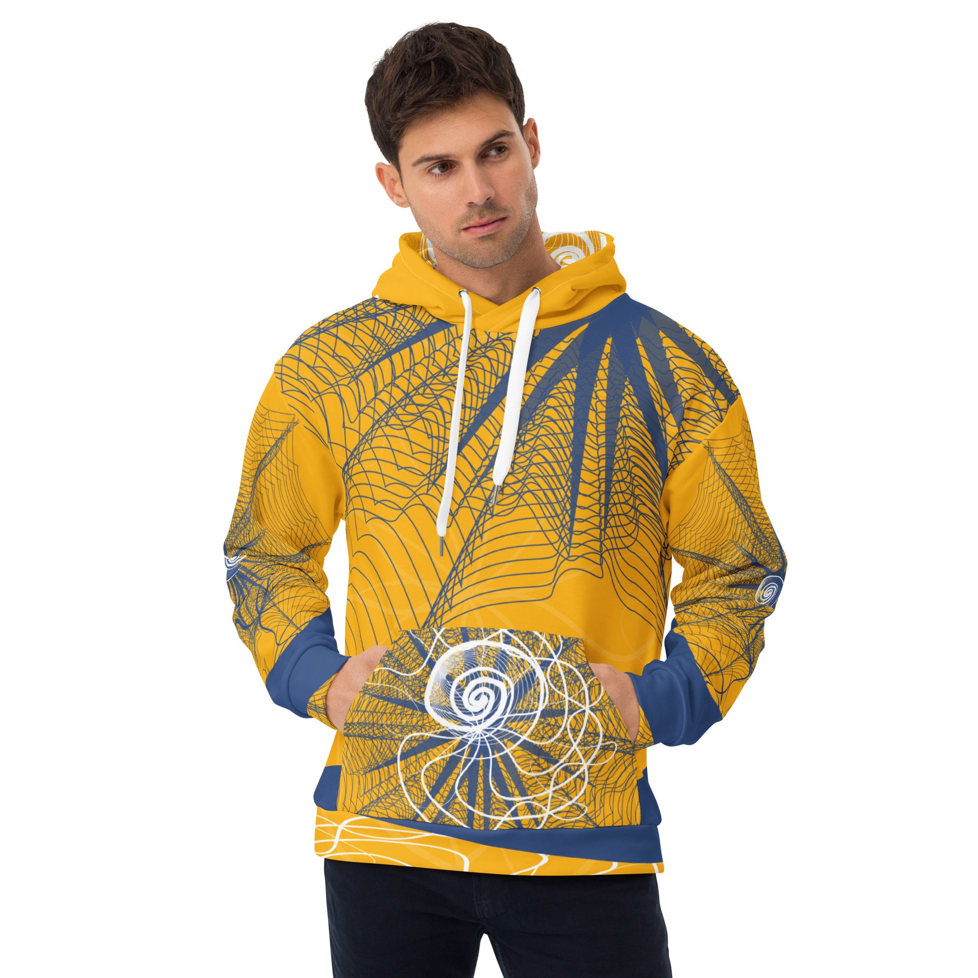 Front view of a golden yellow hoodie featuring navy web-like patterns, white spiral graphics, and a front pocket—blending bold streetwear with hand-drawn artistic detail.