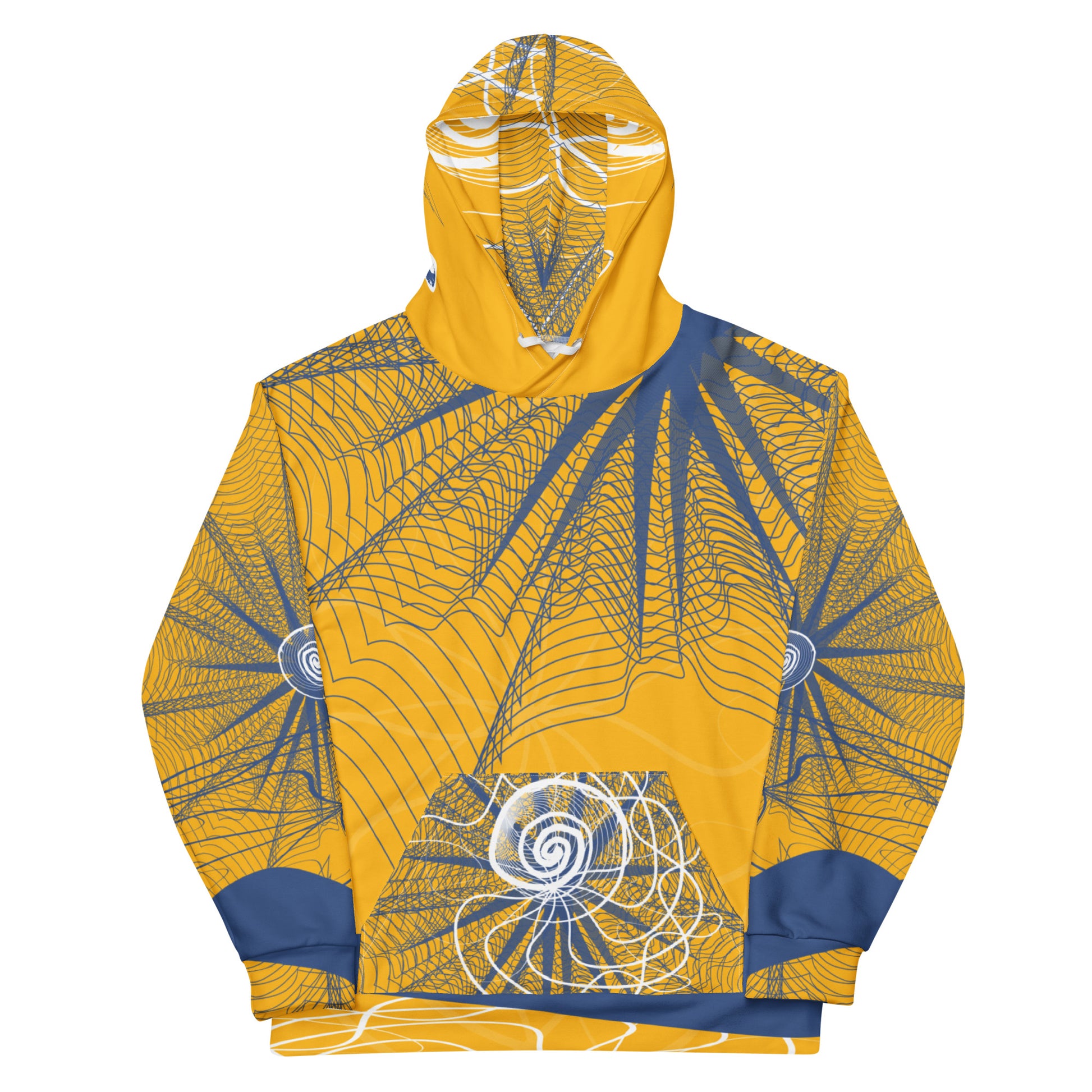 Front view of a golden yellow hoodie featuring navy web-like patterns, white spiral graphics, and a front pocket—blending bold streetwear with hand-drawn artistic detail.